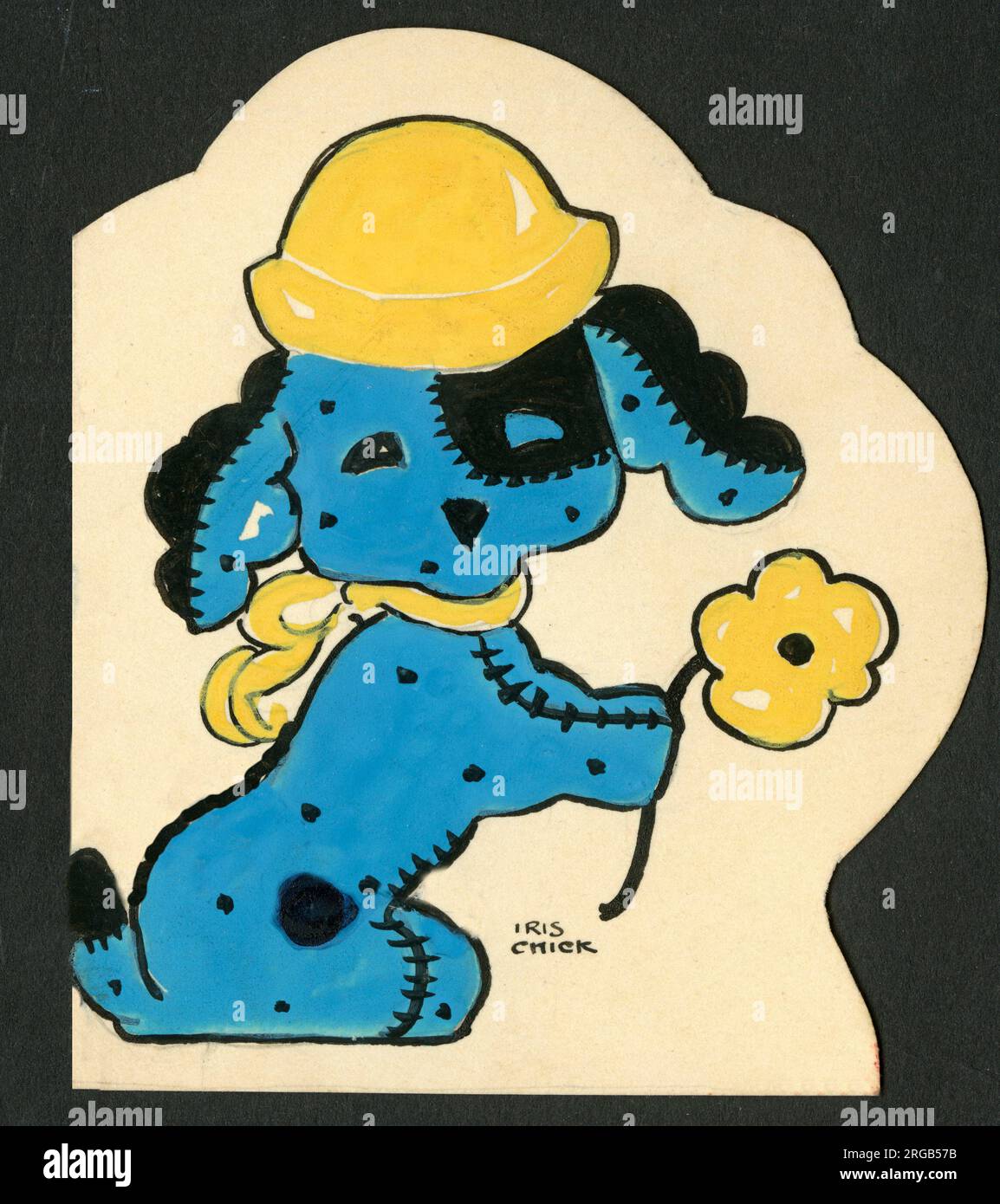 Original Artwork - little patched-up blue fabric dog, holding a yellow flower. Stock Photo