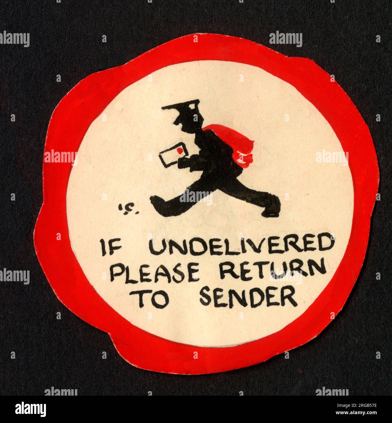 Small circular gift tag - original artwork - If undelivered please return to sender - Postman. Stock Photo