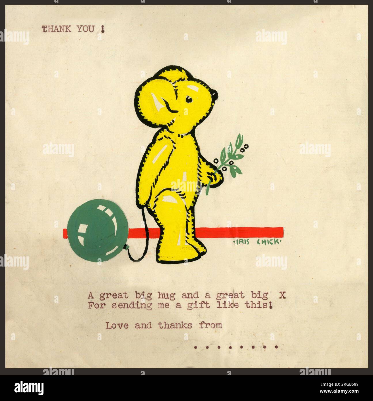 Original Artwork - Design for a Christmas thank you card - teddy bear holding a green balloon and sprig of mistletoe. Stock Photo