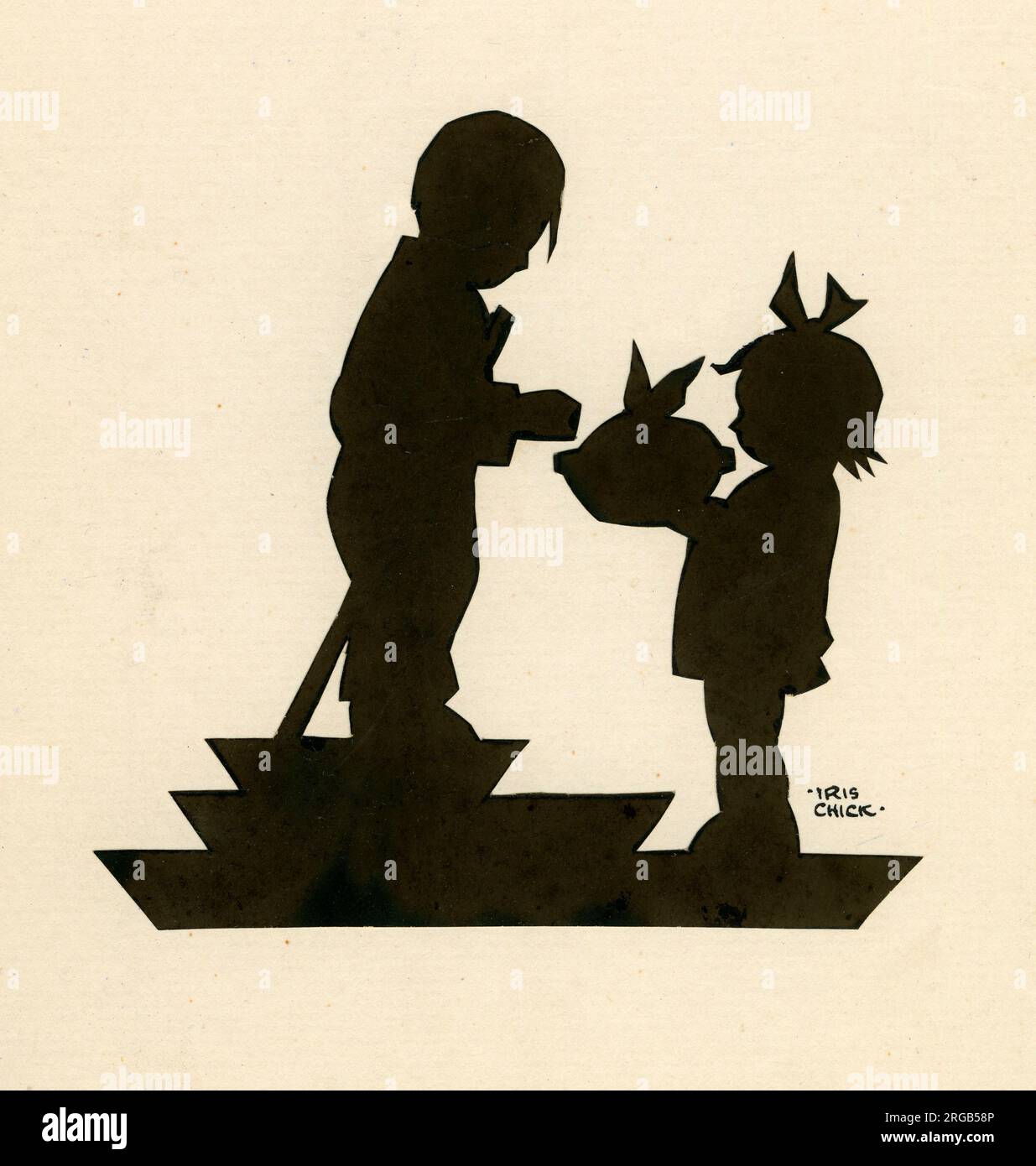 Original Artwork - Cut-out silhouette of a little girl presenting a pie to a young boy Stock Photo