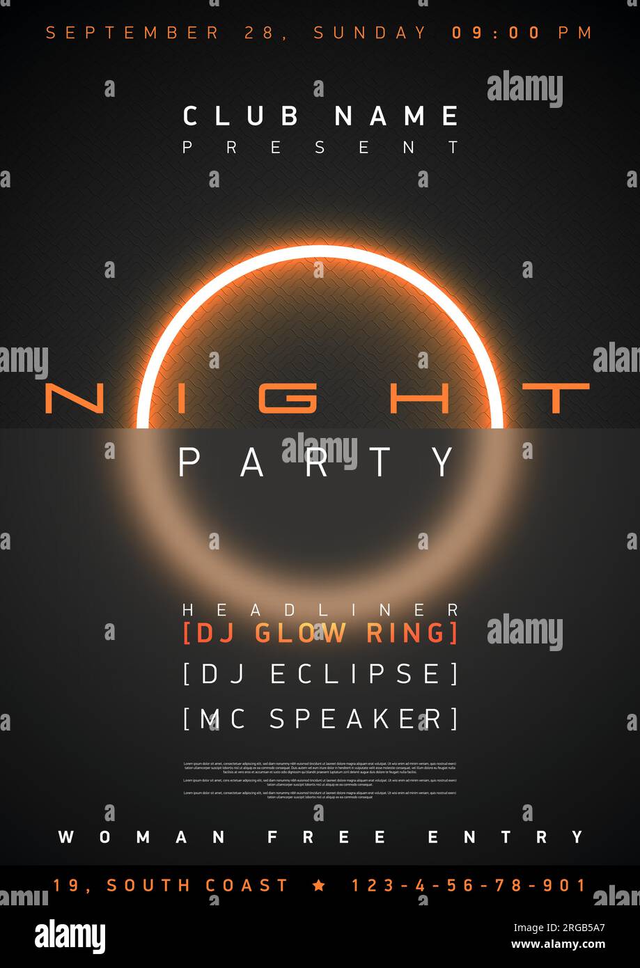 Night club dance party music cover poster design template, glow light ring on black background with blured glass. Circle neon light. Modern banner Stock Vector