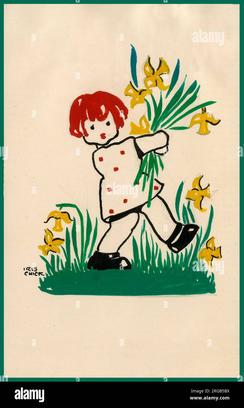Original Artwork - Easter postcard design for children - A young girl picking a bunch of Easter daffodils.  (6 of 6) Stock Photo