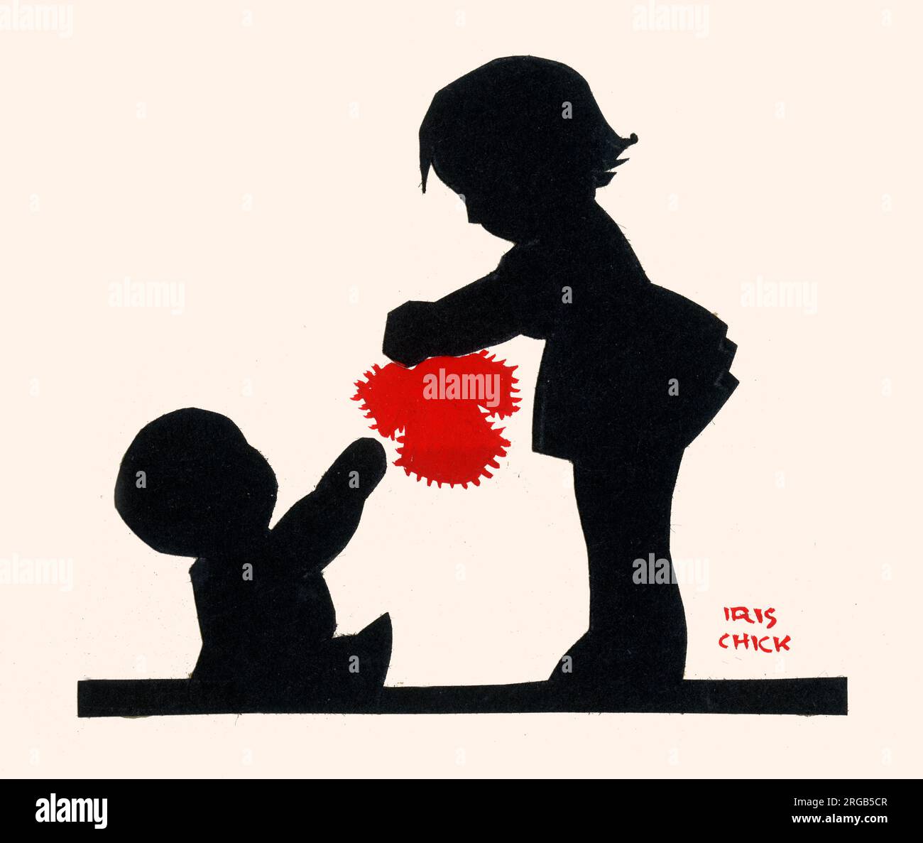 Original silhouette artwork - A little girl gives a small red outfit to her baby sister. Stock Photo