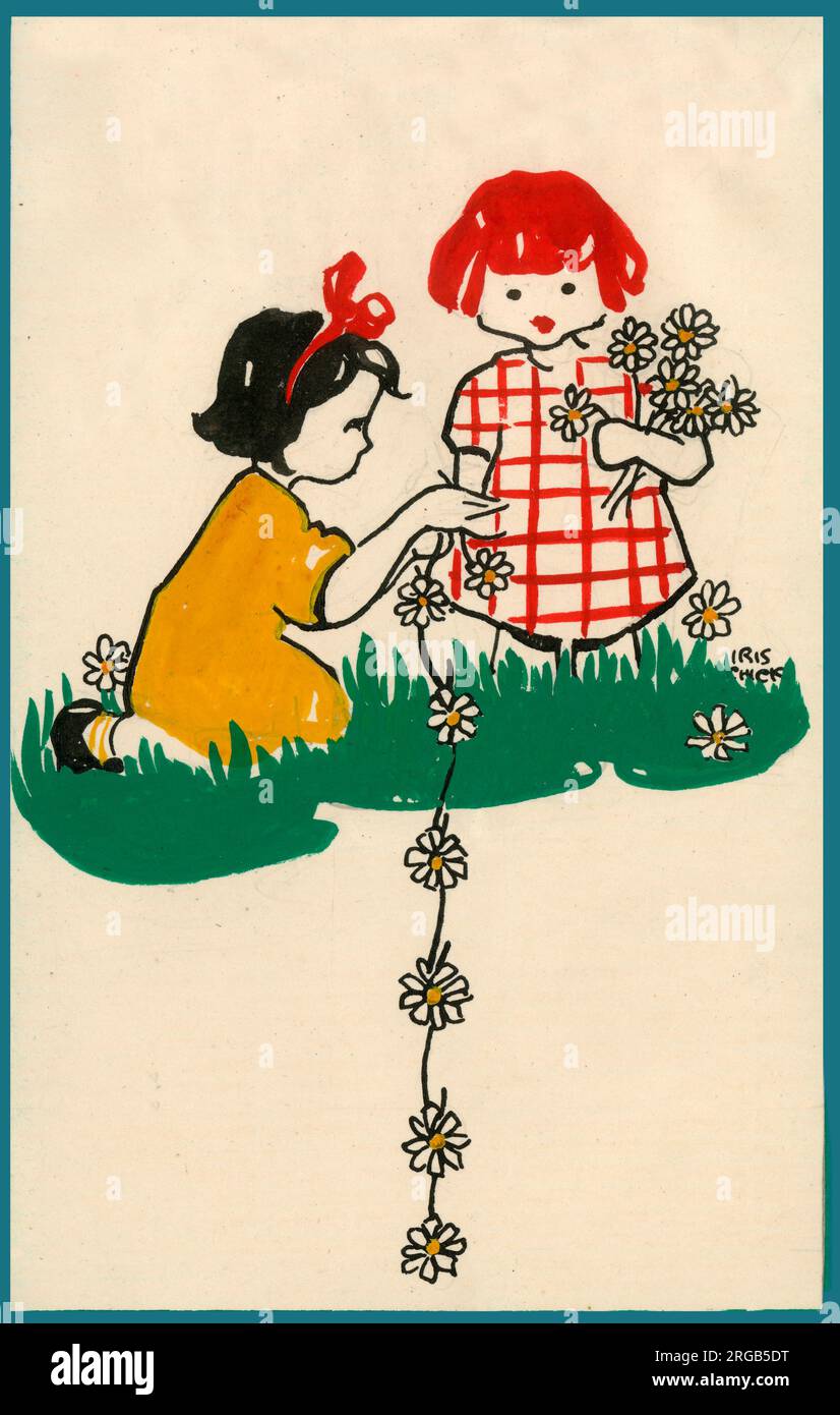 Original Artwork - Easter postcard design for children - Two girls making daisy chains.  (3 of 6) Stock Photo