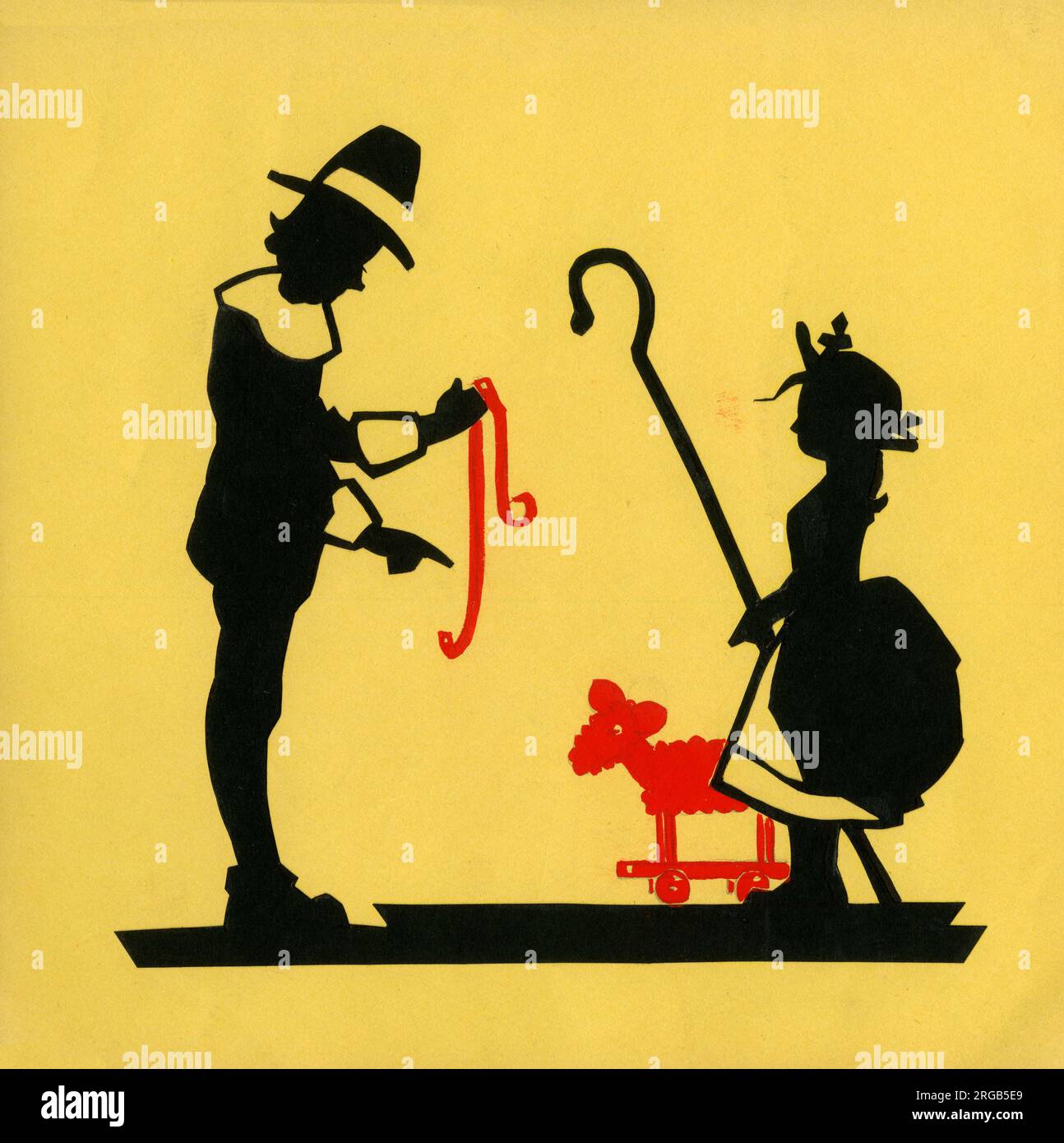 Original Artwork - Cut-out silhouette illustration for an original book by Iris Chick called The Gummys - Mr Gummy offers some red ribbon to Little Bo Peep, possibly to keep her sheep close to hand. Stock Photo