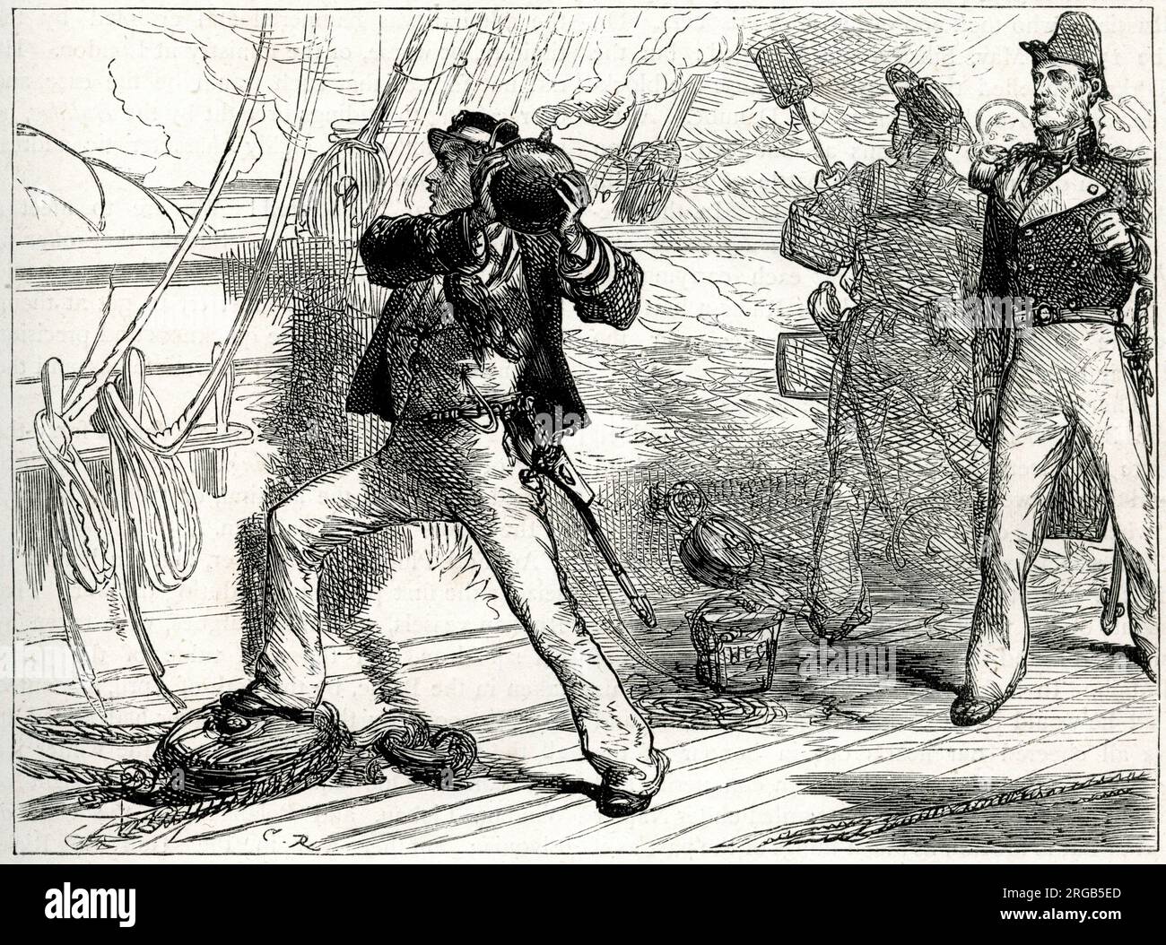 An Incident in the Attack on Bomarsund, Crimean War, 21 June 1854. During the battle a shell landed on board. Charles Davis Lucas threw it back overboard, and it exploded before reaching water. He received the Victoria Cross for saving his ship. Stock Photo