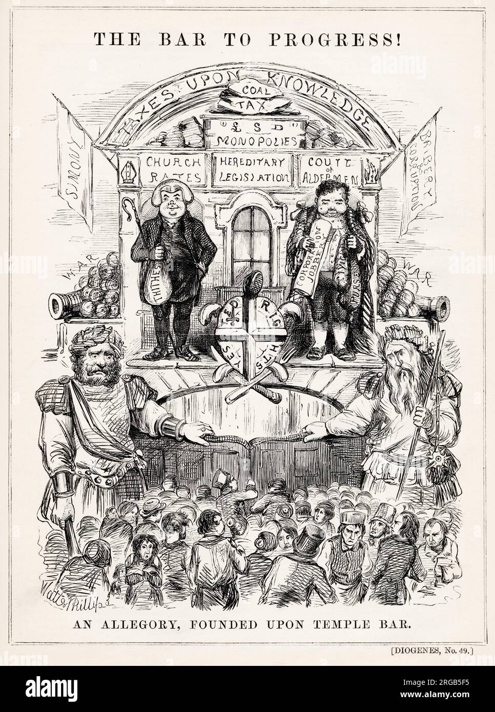 The Bar to Progress! An allegory, founded upon Temple Bar. Satirical cartoon, 1853. Temple Bar, the entrance to the City of London in the west, closes its gates against ordinary people and progress. Gog and Magog stand on either side guarding the gate while in the City, bribery and corruption, simony, taxes upon knowledge and corporation jobbery flourish. Stock Photo
