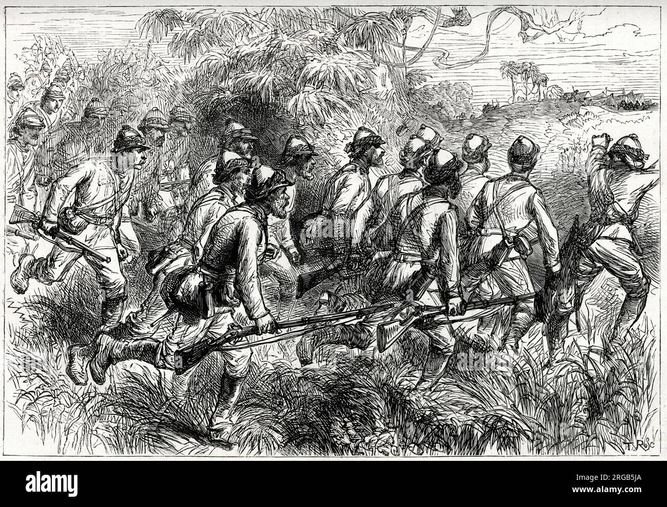 Advance of Highlanders, Battle of Amoaful, 31 January 1874, Third Anglo-Ashanti War or First Ashanti Expedition (1873-1874, to rescue European missionary captives held in Kumasi), West Africa (Ghana). Stock Photo