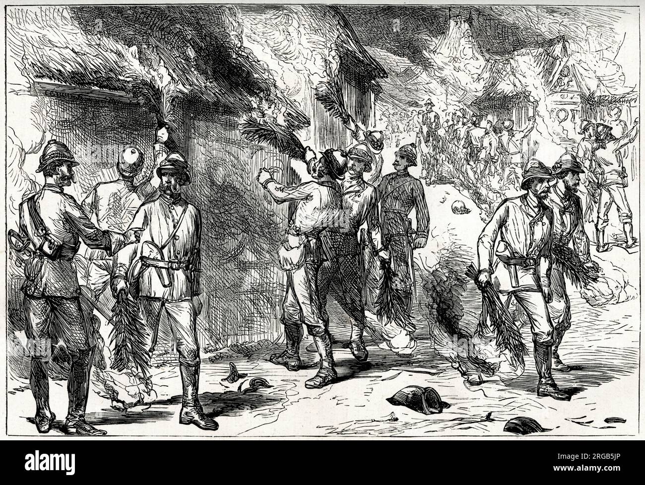 Burning of Kumasi, February 1874, Third Anglo-Ashanti War or First Ashanti Expedition (1873-1874, to rescue European missionary captives held in Kumasi), West Africa (Ghana). Stock Photo