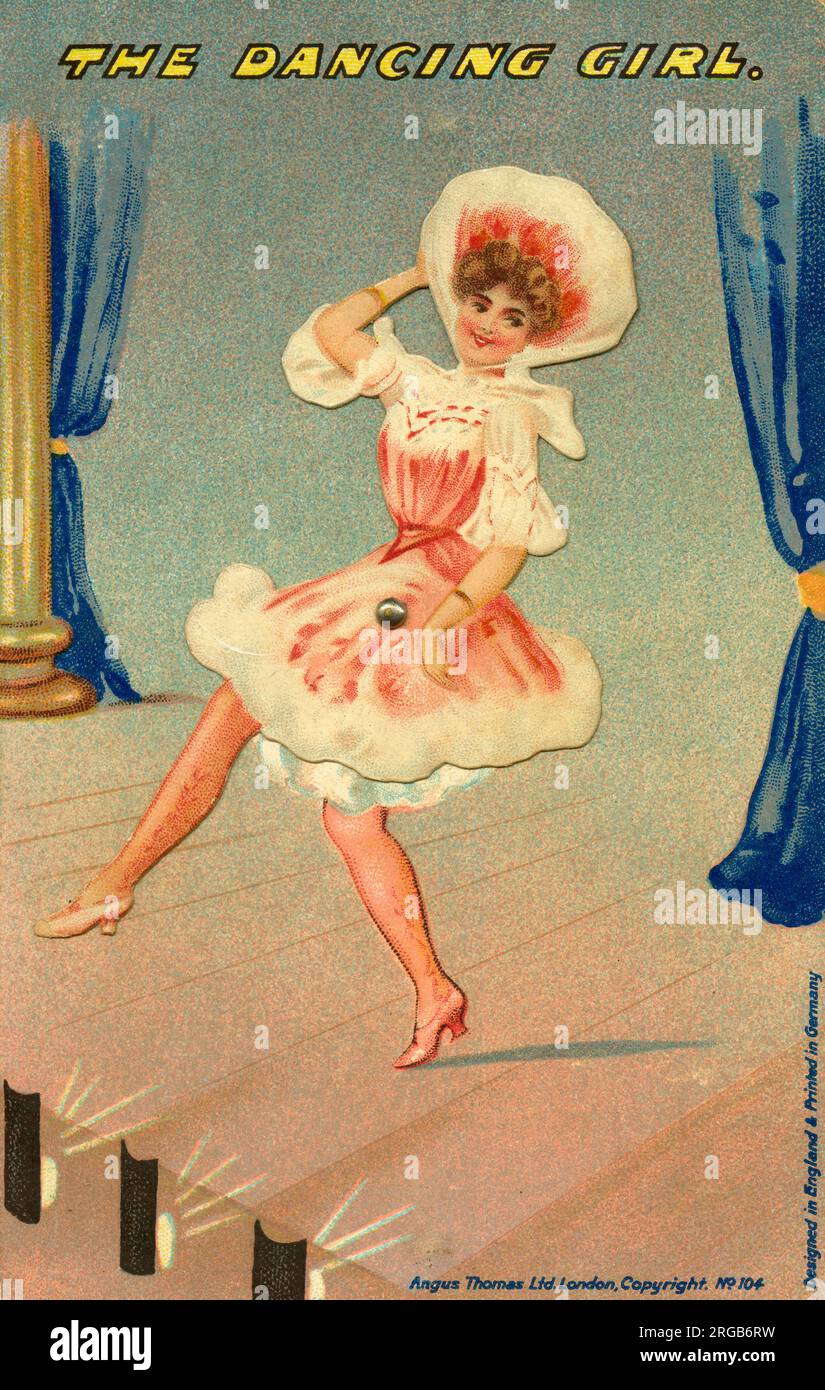 The Dancing Girl - postcard with a central pivot allowing the showgirl to kick up her front leg Can-Can style. Stock Photo