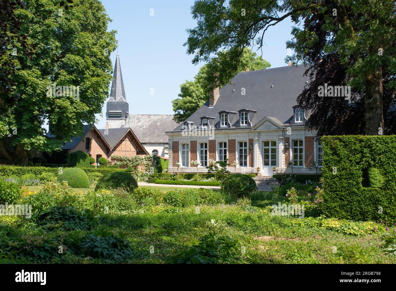 Jardins de Maizicourt, chateau and church Stock Photo