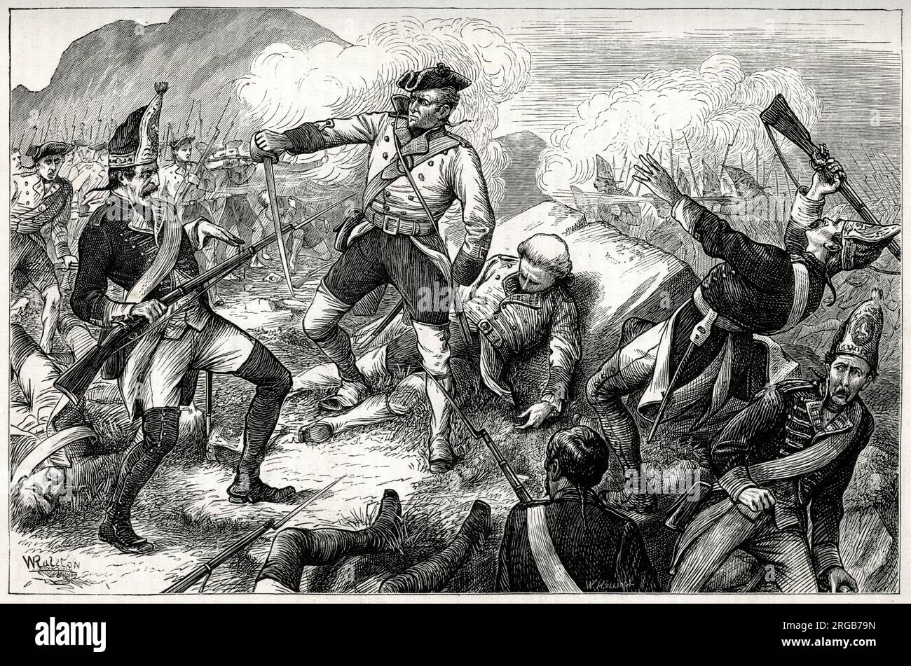 Bravery of Private Samuel Johnson of the Green Howards, Capture of Belle Ile, Brittany, France, 1761, during the Seven Years War (1756-1763). Seeing a subaltern of his regiment about to be killed by a French grenadier, Johnson rushed to protect him, killed several enemy soldiers and carried the officer to safety, thereby saving his life. Stock Photo