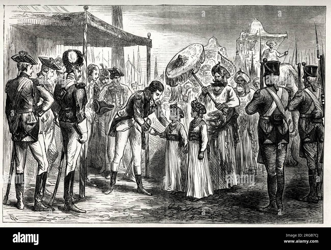 Reception of the hostages from Tipu Sahib, Sultan of Mysore, by Lord Cornwallis, March 1792. Tipu's two sons, aged about ten and eight, were temporarily taken hostage by the British as part of a peace treaty. Stock Photo