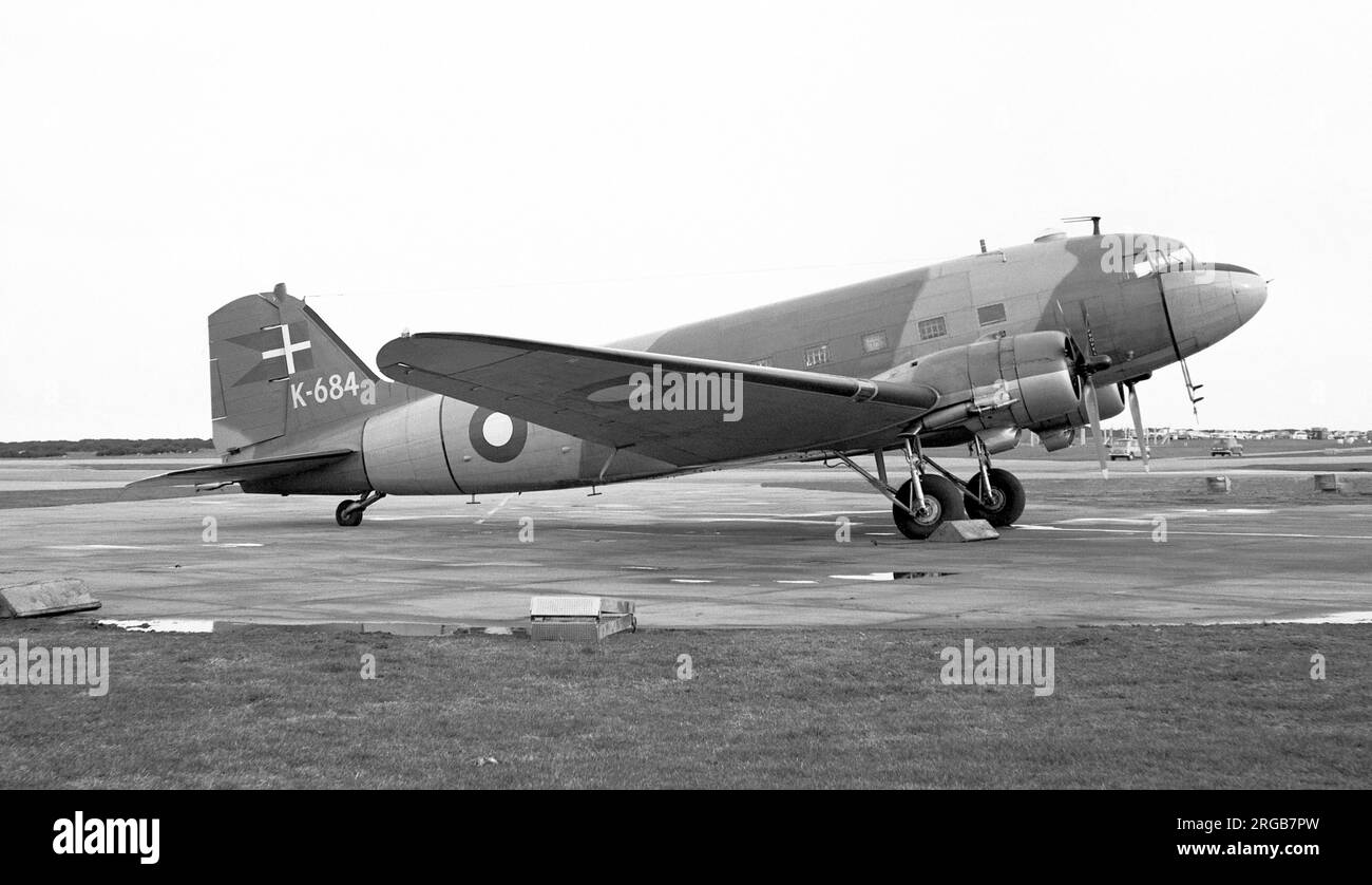 Royal Danish Air Force - Douglas C-47A-65-DL Skytrain K-684 (msn 19054), of Eskadrille 721, circa 1970. Built for the United States Army Air Force as 42-100591, transferred to the Royal Norwegian Air Force as 2100591. Taken on Strength/Charge with the RDAF as 68-684 and re-serialled K-684. Stock Photo