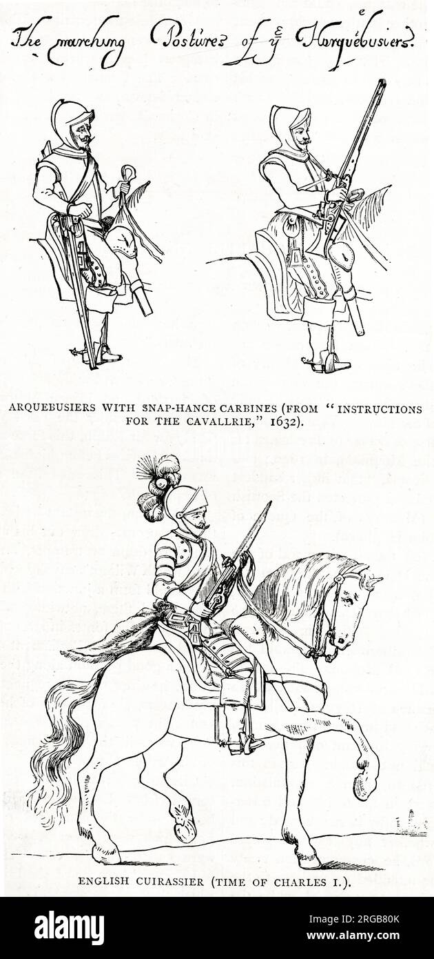 Arquebusiers (infantrymen armed with arquebuses, a form of long gun) on horseback with snaphance carbines, reproduced from Instructions for the Cavallrie, 1632, and an English cuirassier (a cavalry soldier wearing a cuirass, a piece of armour protecting the front and back of the upper body) from the time of King Charles I (reigned 1625-1649). Stock Photo