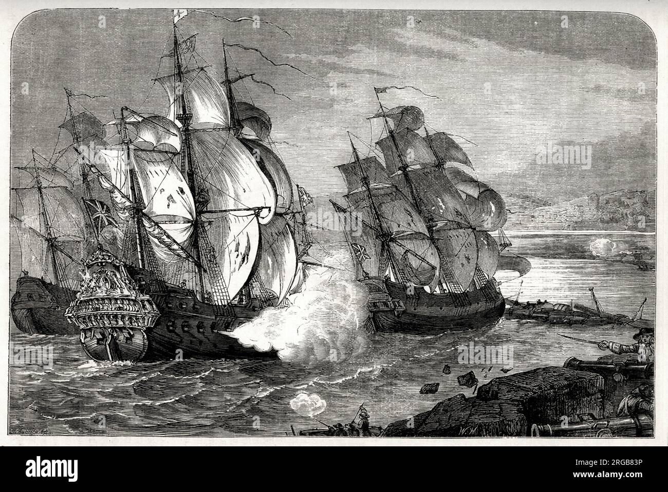 HMS Dartmouth fires at shore batteries while the Mountjoy, a merchant ship, rams and breaches the boom, Londonderry, Ireland, 28 July 1689. Both ships, along with two others, were bringing provisions for the starving people in the besieged city (Siege of Derry, 18 April to 1 August). The food was delivered, and the siege was broken. Stock Photo
