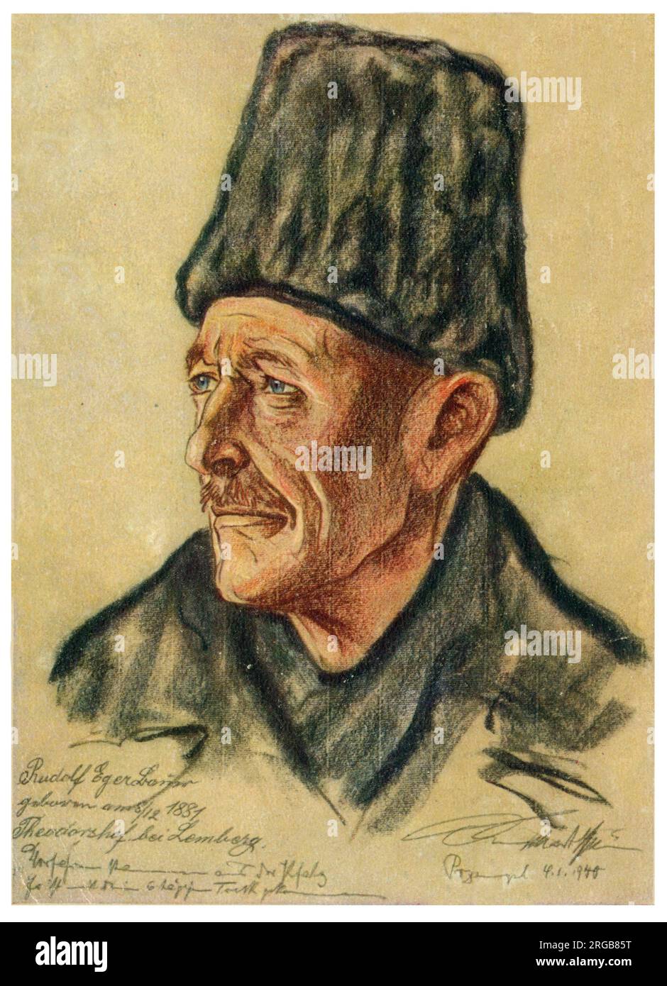 Painting by Otto Engelhardt-Kyffhauser from his 'Great Trek' series - Farmer Rudolf Eger. Engelhardt-Kyffhauser was a member of the NSDAP and SS and drew numerous images of war and portrayed several national socialist greats. In January 1940, Engelhardt-Kyffhauser accompanied a trek of ethnic Germans at Himmler's request . These folk were from Galicia and Volhynia (which belonged to the Soviet-annexed Eastern Poland), and were relocated to Warthegau. 120,000 Poles had previously been deported in order to create settlement space for them. Engelhardt-Kyffhäuser documented the journey through num Stock Photo