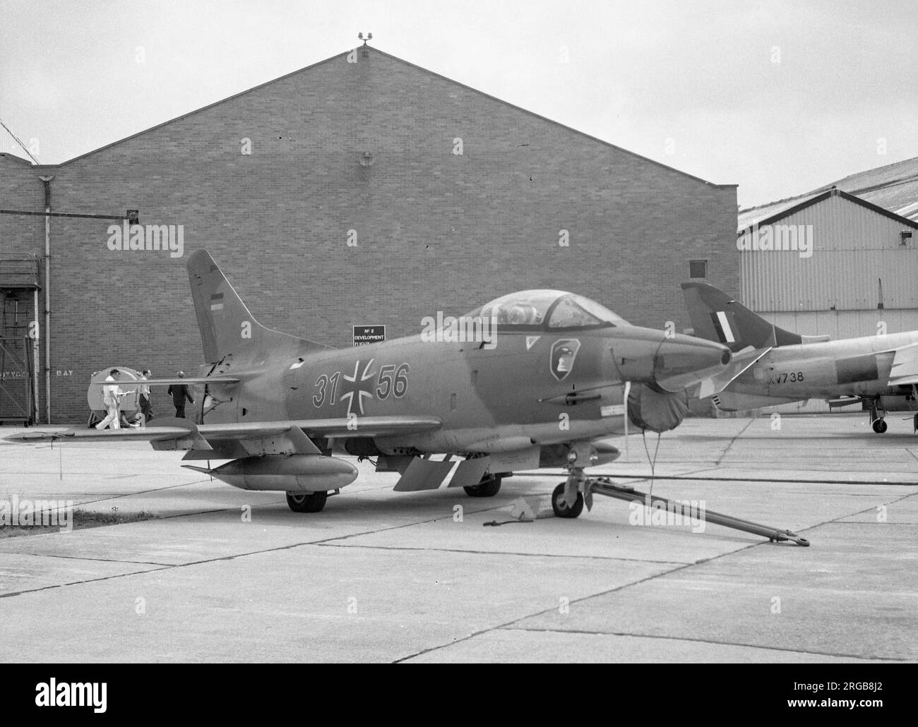 Luftwaffe - Fiat G.91R-3 31+56 (msn D424), of JagdBomberGeschwader 31, at Filton in June 1968, with XV738, the first production Harrier GR.1. Stock Photo