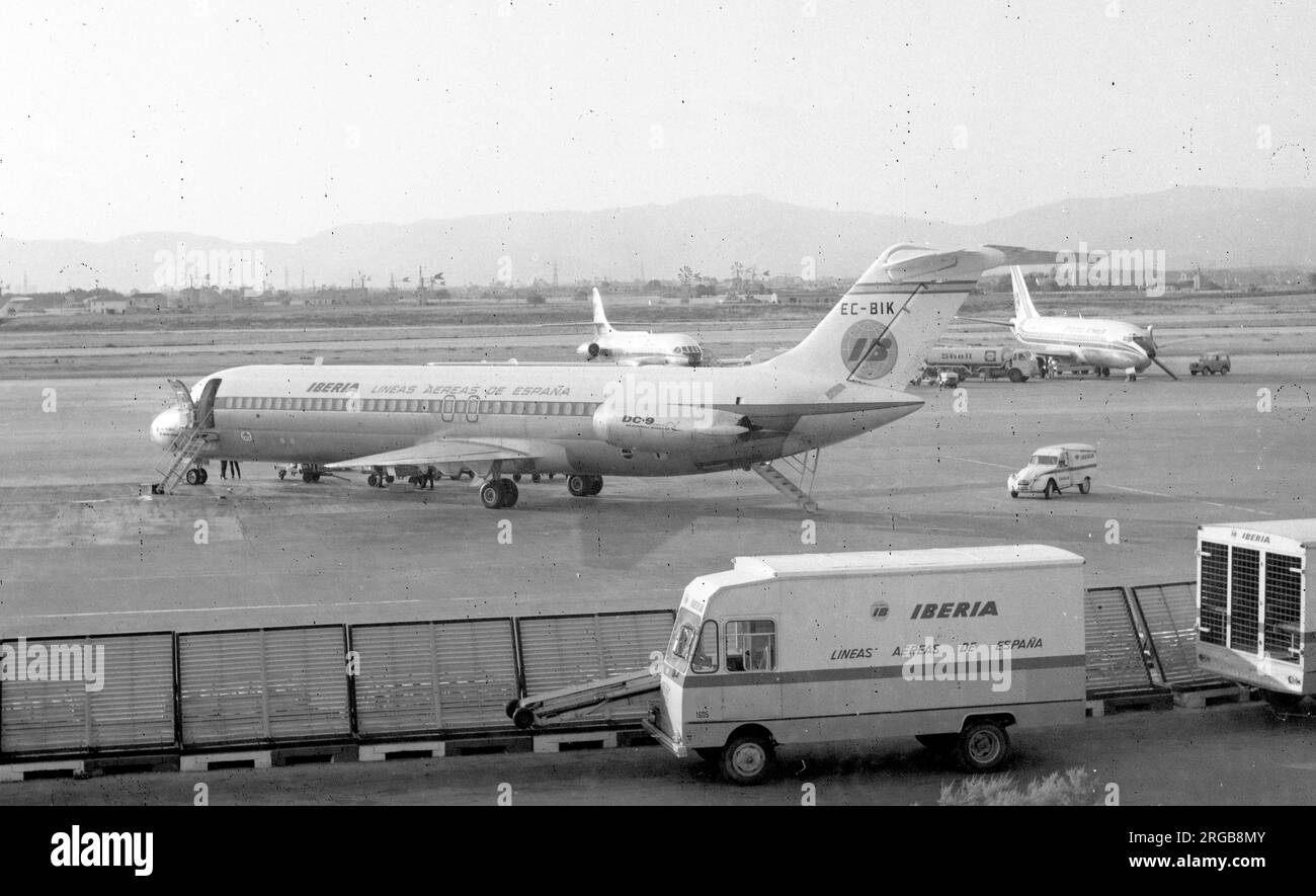 McDonnell Douglas DC-9-32 EC-BIK (msn 47080, line number 164), of Iberia, at Palma Airport on Majorca, in May 1972. (nice pic but pre-exposure film damage) Stock Photo