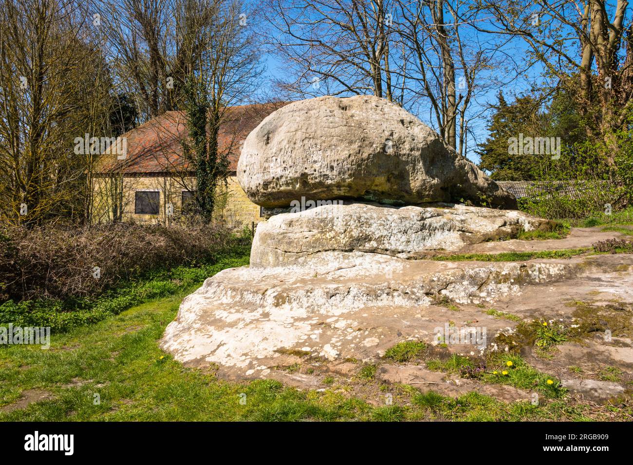 The Chiding Stone near Chiddingstone village, thought to have been a druid altar, an ancient Anglo-Saxon boundary marker, Kent, England Stock Photo