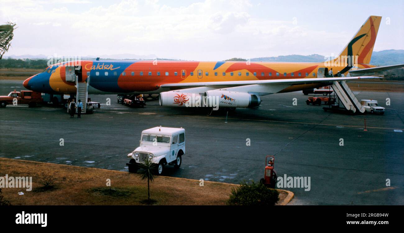 Douglas DC-8-62 N1805 'Flying Colours' (msn 45899, line number 304), of Braniff International Airways, with the Alexander Calder 'Flying Colours' livery, at Tocumen International Airport in Panama. Stock Photo