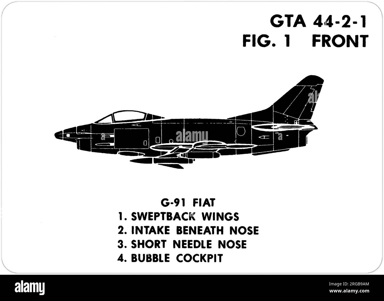 Fiat G.91 profile. This is one of the series of Graphics Training Aids (GTA) used by the United States Army to train their personnel to recognize friendly and hostile aircraft. This particular set, GTA 44-2-1, was issued in July1977. The set features aircraft from: Canada, Italy, United Kingdom, United States, and the USSR. Stock Photo