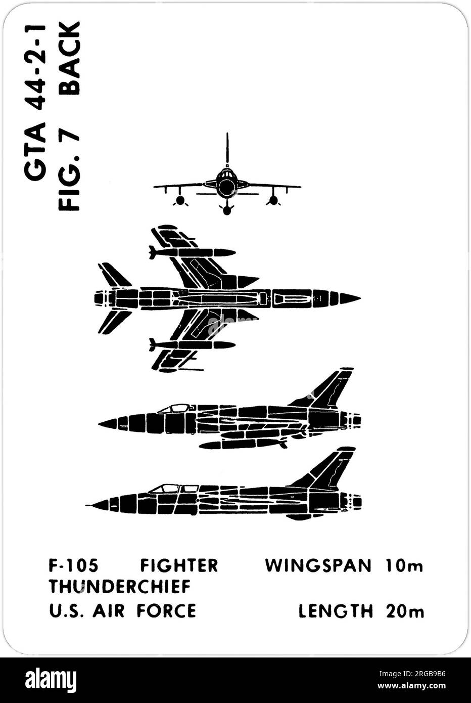 Republic F-105D - F-105F Thunderchief. This is one of the series of Graphics Training Aids (GTA) used by the United States Army to train their personnel to recognize friendly and hostile aircraft. This particular set, GTA 44-2-1, was issued in July1977. The set features aircraft from: Canada, Italy, United Kingdom, United States, and the USSR. Stock Photo