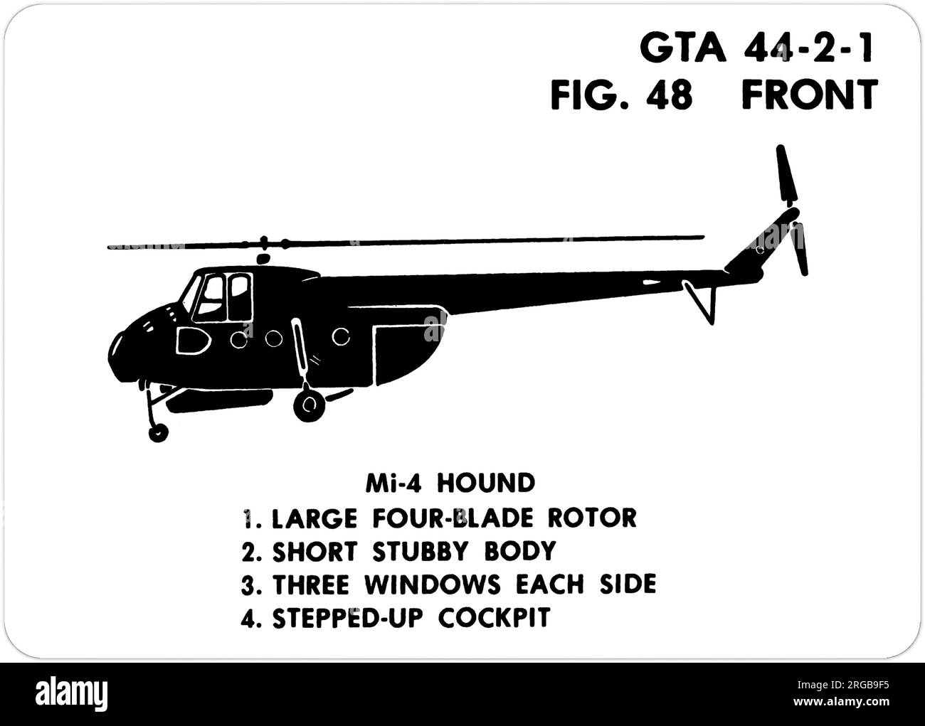 Mil Mi-4 (NATO codename: Hound). This is one of the series of Graphics Training Aids (GTA) used by the United States Army to train their personnel to recognize friendly and hostile aircraft. This particular set, GTA 44-2-1, was issued in July1977. The set features aircraft from: Canada, Italy, United Kingdom, United States, and the USSR. Stock Photo