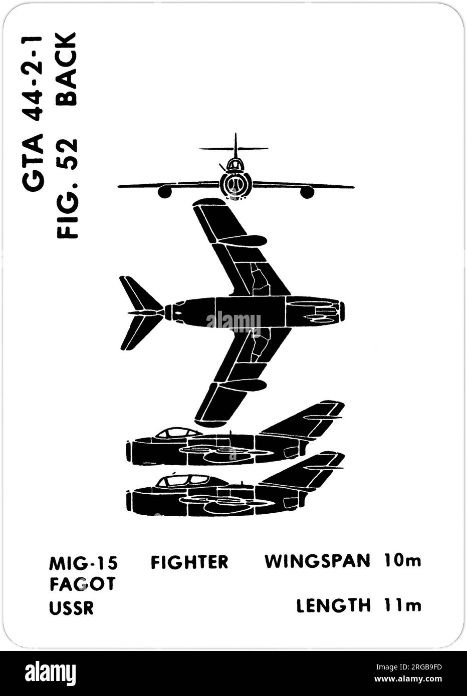 Mikoyan-Guryevich MiG-15 (NATO codename: Fagot) & MiG-15UTI (NATO codename: Midgett). This is one of the series of Graphics Training Aids (GTA) used by the United States Army to train their personnel to recognize friendly and hostile aircraft. This particular set, GTA 44-2-1, was issued in July1977. The set features aircraft from: Canada, Italy, United Kingdom, United States, and the USSR. Stock Photo