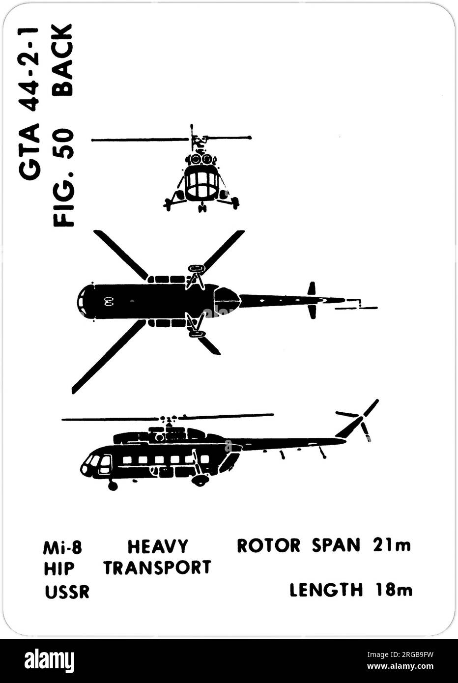 Mil Mi-8 (NATO codename: Hip). This is one of the series of Graphics Training Aids (GTA) used by the United States Army to train their personnel to recognize friendly and hostile aircraft. This particular set, GTA 44-2-1, was issued in July1977. The set features aircraft from: Canada, Italy, United Kingdom, United States, and the USSR. Stock Photo