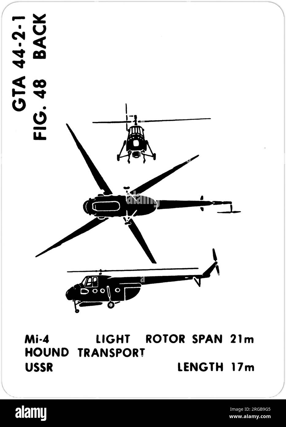 Mil Mi-4 (NATO codename: Hound). This is one of the series of Graphics Training Aids (GTA) used by the United States Army to train their personnel to recognize friendly and hostile aircraft. This particular set, GTA 44-2-1, was issued in July1977. The set features aircraft from: Canada, Italy, United Kingdom, United States, and the USSR. Stock Photo