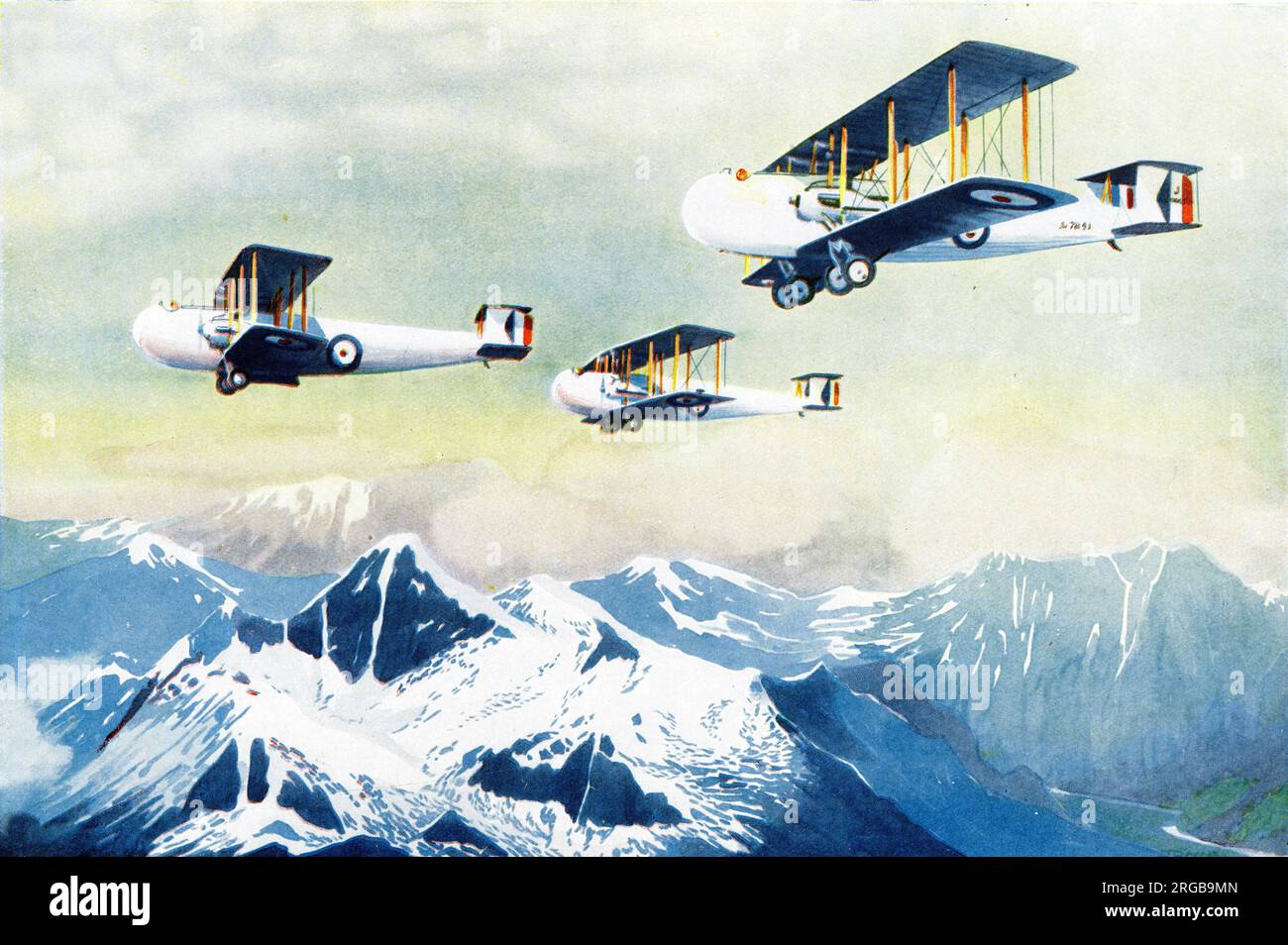 The Royal Air Force to the Rescue in Afghanistan. Illustration depicting aircraft of the RAF flying over mountainous terrain on a mission to rescue six hundred people of varying nationalities during the 1928-29 revolution in Afghanistan. Eighty-three journeys were made in fifty days by Vickers-Napier 'Victoria' aircraft, each carrying two pilots and 23 evacuees. No lives were lost in the operation. Stock Photo
