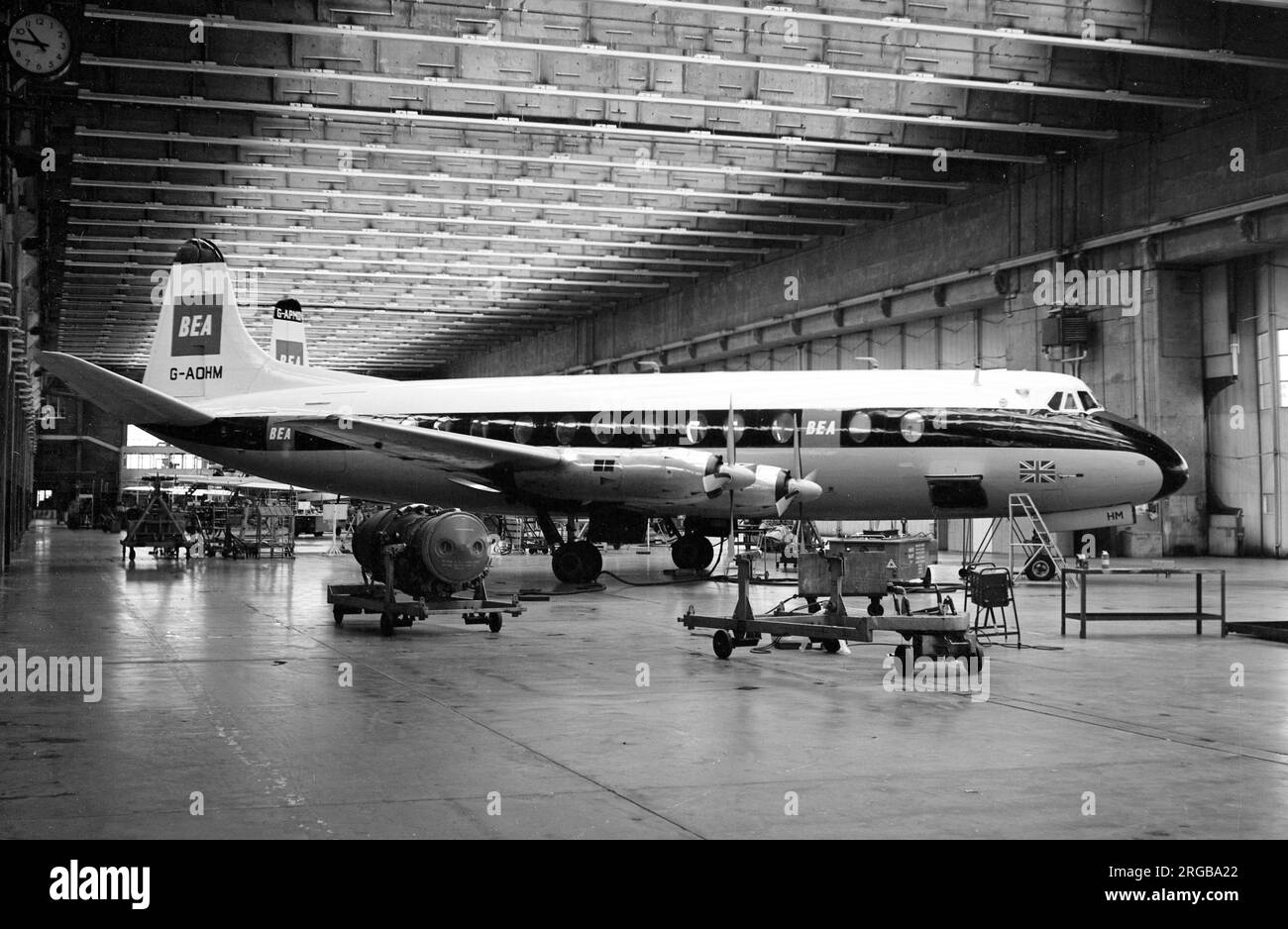 Vickers Viscount 802 G-AOHM (msn 162), of British European Airways, in the BEA maintenance hangar , at London Heathrow Airport. in March 1968. Stock Photo