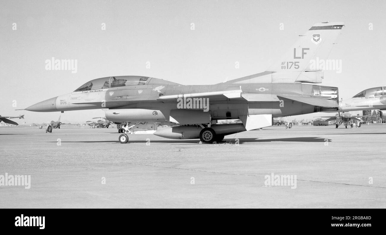 United States Air Force - General Dynamics F-16D Block 42H Fighting Falcon 89-2175 (msn 1C-338, base code 'LF'), of the 63rd Fighter Squadron, 56th Fighter Wing, at Luke air Force Base on 14 December 1996. (Crashed when it ran out of fuel over White Tank Range near Luke AFB on 26 April 1999:- The LH main u/c collapsed on landing, but the aircraft got back into the air. With no fuel left for another approach, the crew headed to White Tank and ejected.) Stock Photo