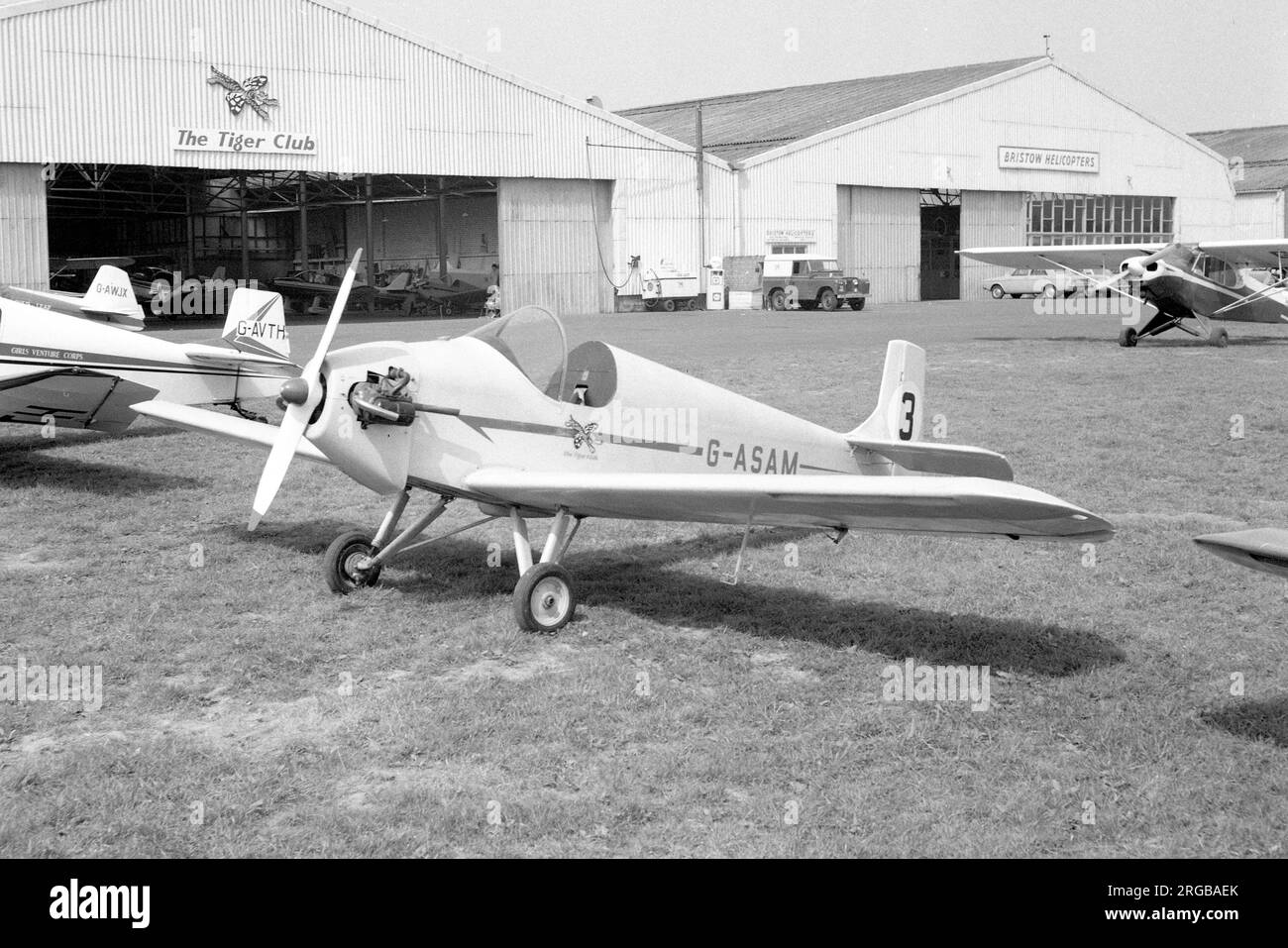Druine D.31 Turbulent G-ASAM (msn PFA 595), at Redhill Aerodrome, outside the Tiger Club hangar in May 1969. Stock Photo