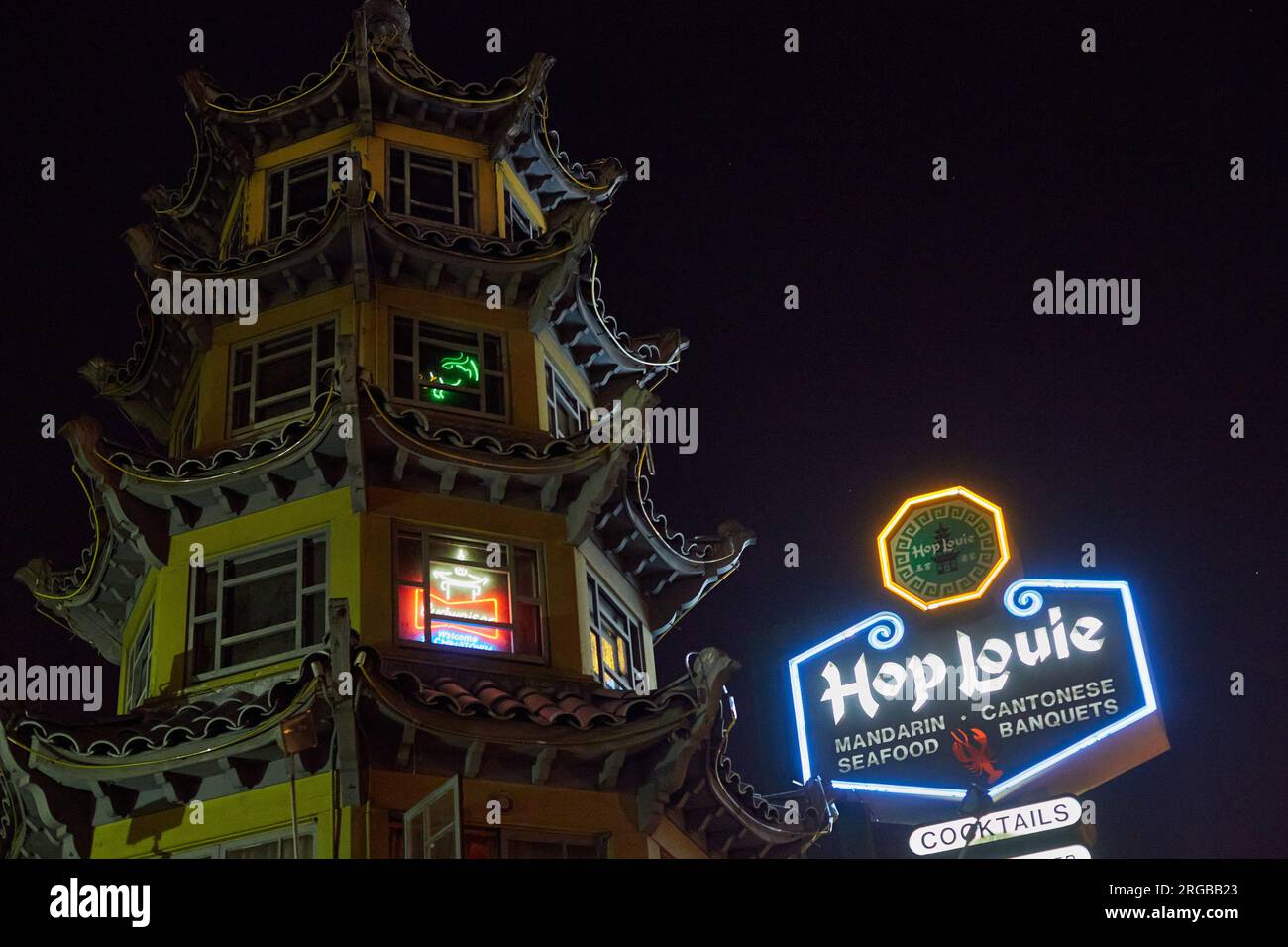 Los Angeles, California, USA. 5th Sep, 2015. Hop Louie restaurant opened in what was the new Chinatown from 1938. The five-story, neon-lined tower was modeled after the Summer Palace in Beijing. (Credit Image: © Ian L. Sitren/ZUMA Press Wire) EDITORIAL USAGE ONLY! Not for Commercial USAGE! Stock Photo