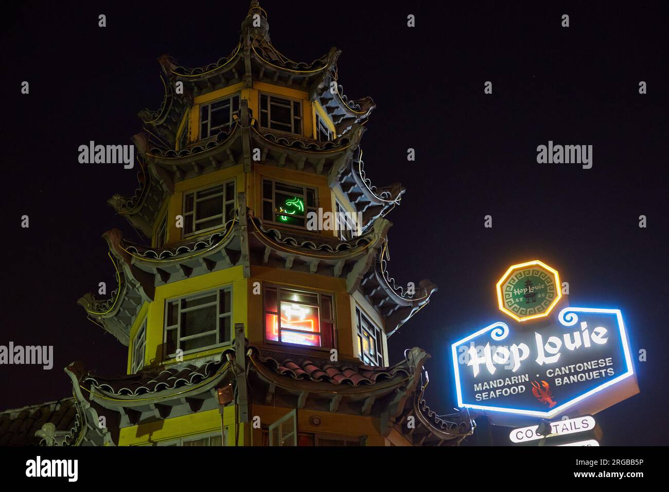 Los Angeles, California, USA. 5th Sep, 2015. Hop Louie restaurant opened in what was the new Chinatown from 1938. The five-story, neon-lined tower was modeled after the Summer Palace in Beijing. (Credit Image: © Ian L. Sitren/ZUMA Press Wire) EDITORIAL USAGE ONLY! Not for Commercial USAGE! Stock Photo