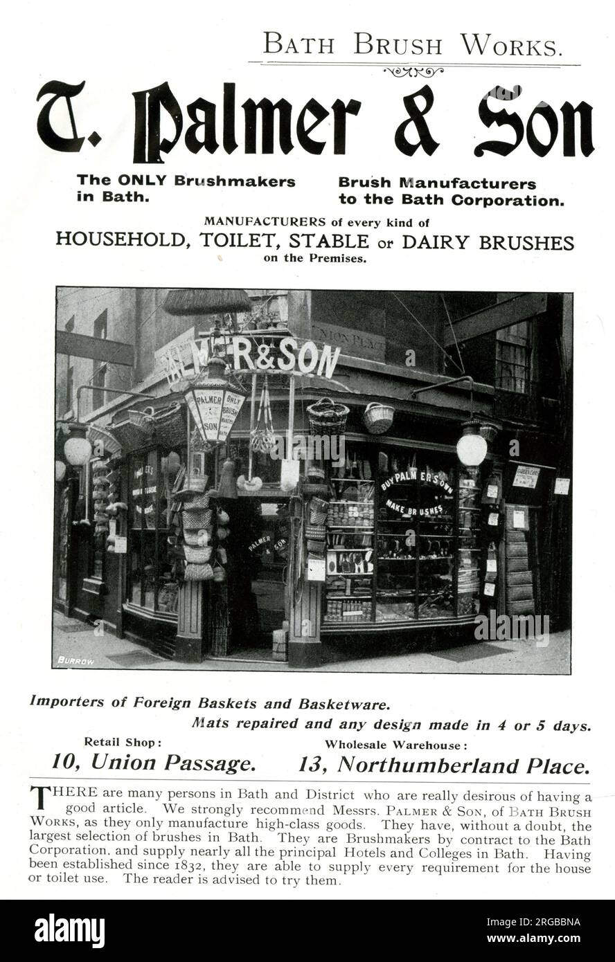 Advert for T. Palmer & Son, Brushmakers, Bath Stock Photo