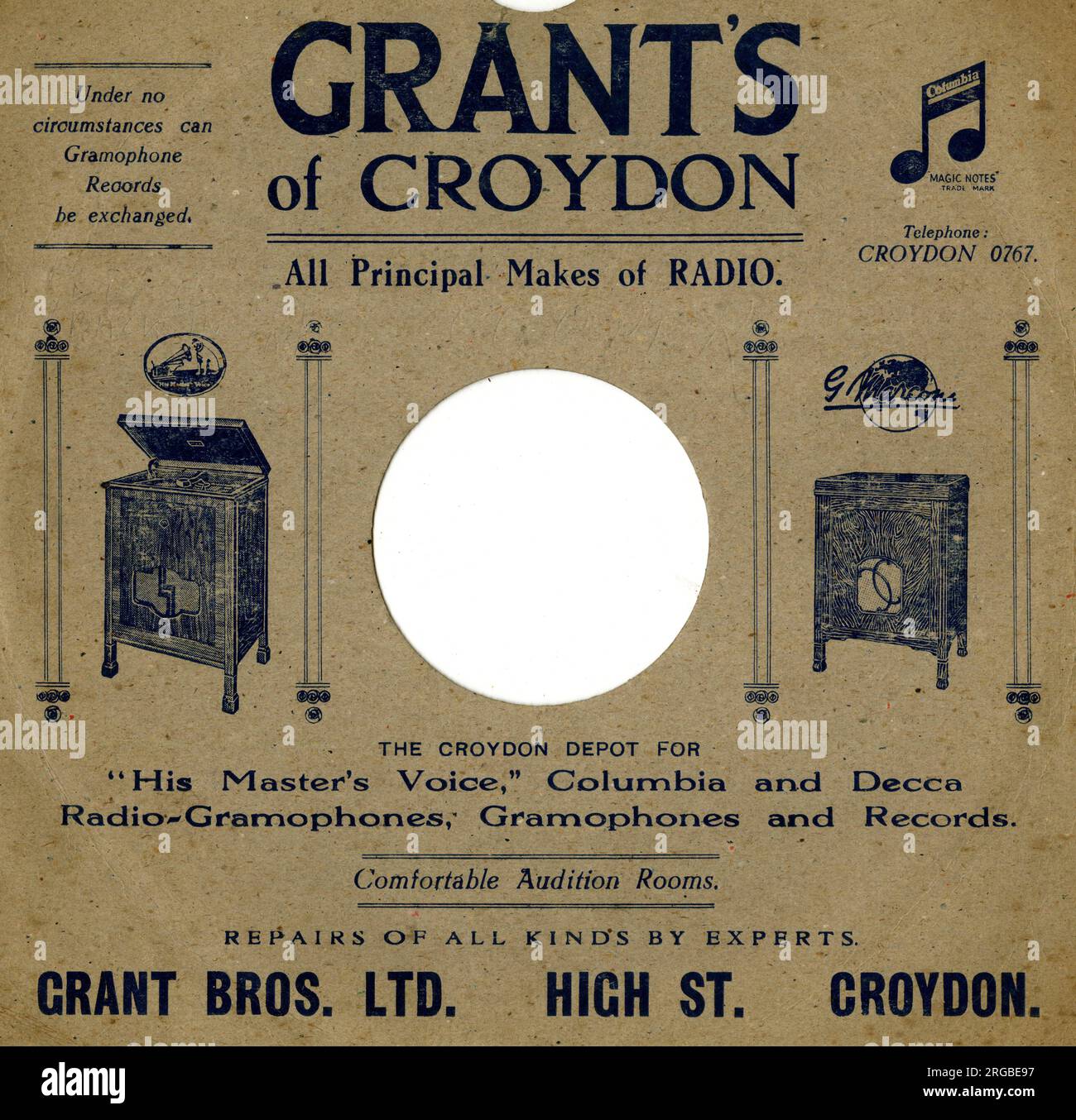 78rpm record sleeve advertising radio gramophones from Grant's of Croydon. Stock Photo