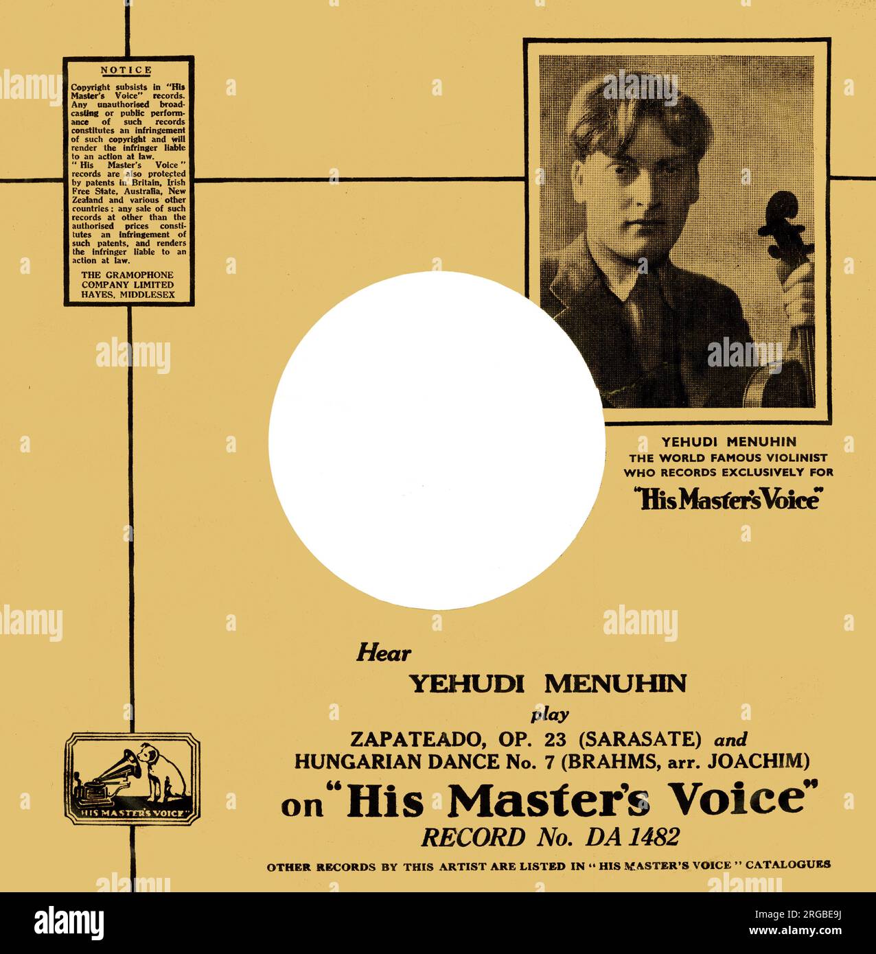 78rpm record sleeve advertising Yehudi Menuhin, violinist, on HMV, His Master's Voice, playing music by Sarasate and Brahms. Stock Photo