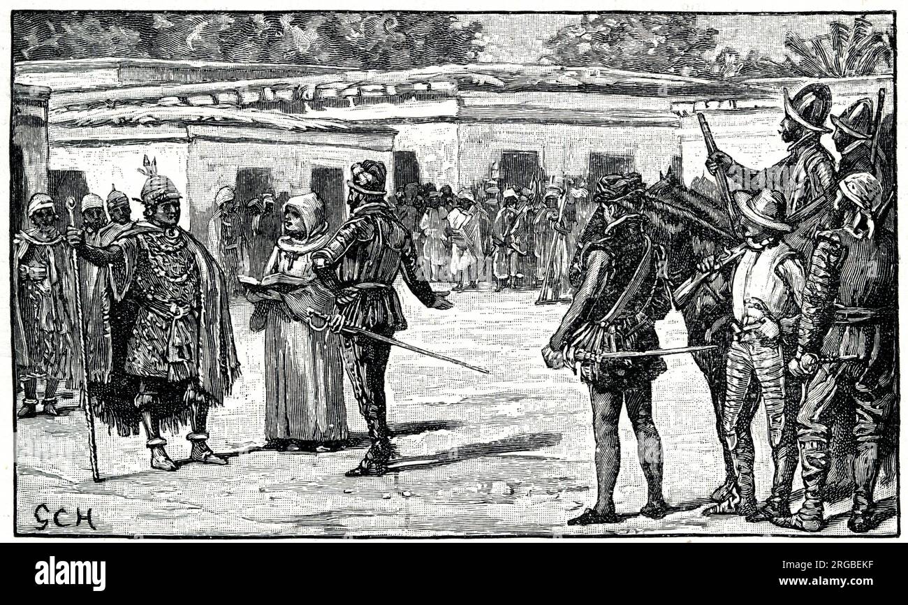 The meeting of Francisco Pizarro and the Inca Atahualpa, Spanish Conquest of Peru. Stock Photo
