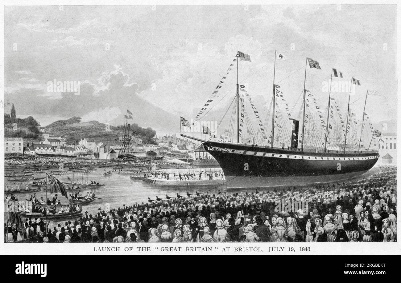 Crowds of people gathered early at Bristol docks to see the launch of the longest passenger ship in the World 'SS Great Britain,' designed by Isambard Kingdom Brunel. Stock Photo
