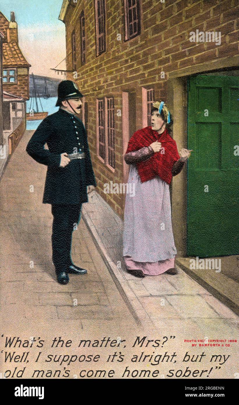 Comic Postcard - A housewife explaining her surprise to a Policeman that her husband has returned home sober - there MUST be something suspicious...!!! Stock Photo