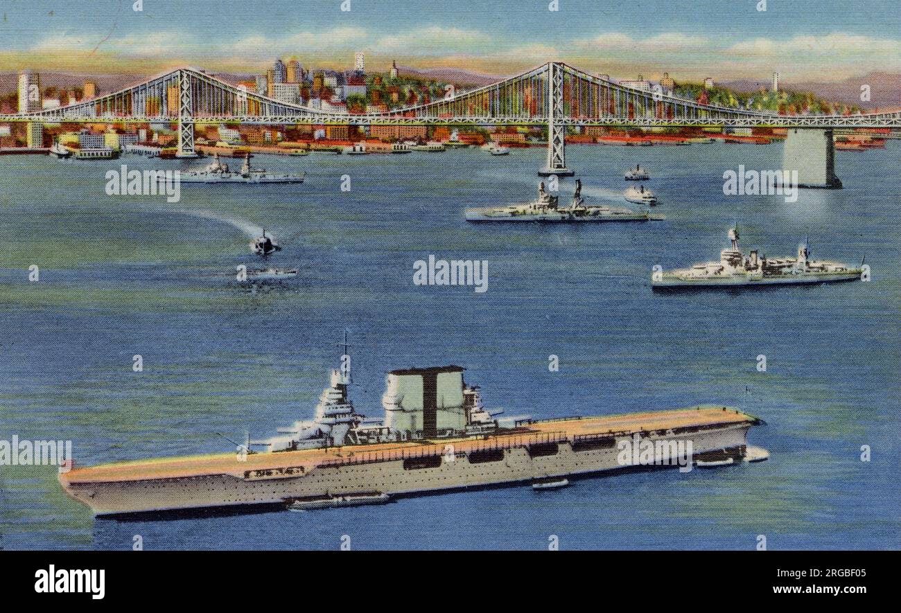 Oakland Bay Bridge and three US battleships at anchor, San Francisco