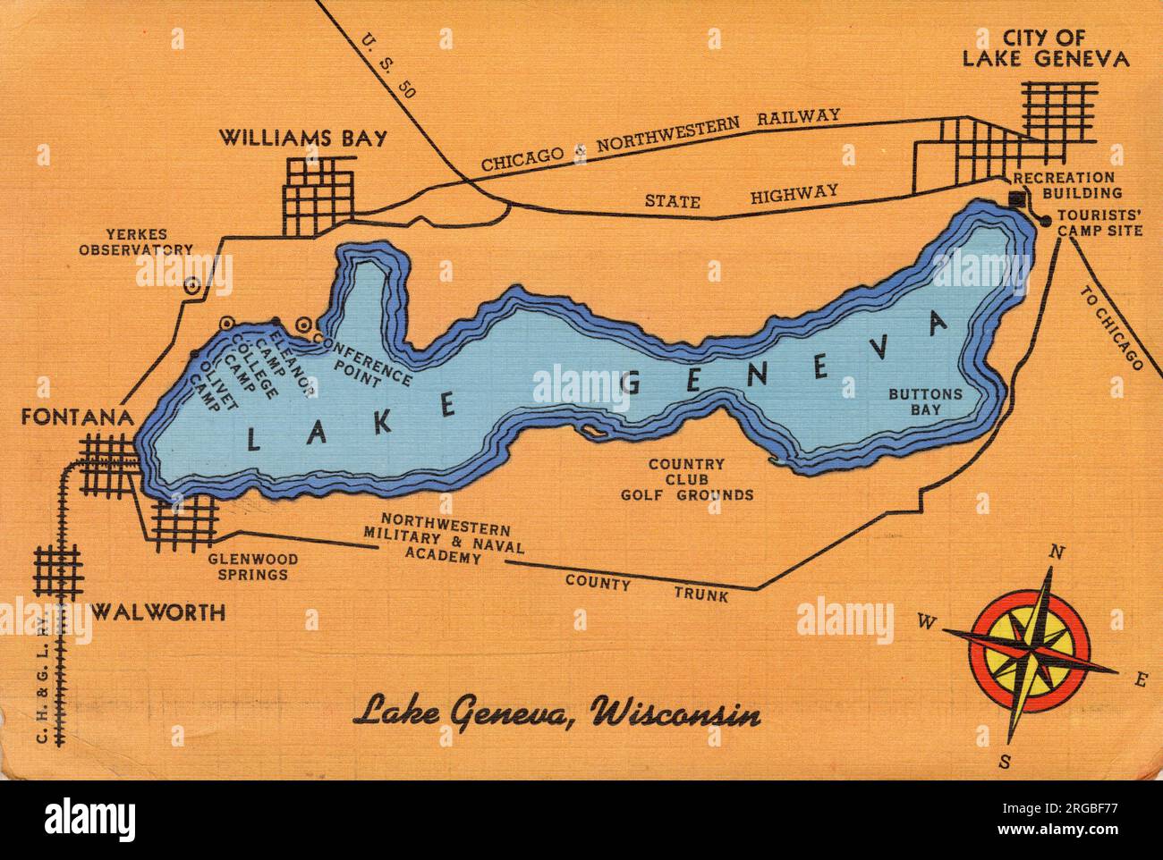 Lake Geneva, Wisconsin, USA - map of lake and surrounding area Stock Photo