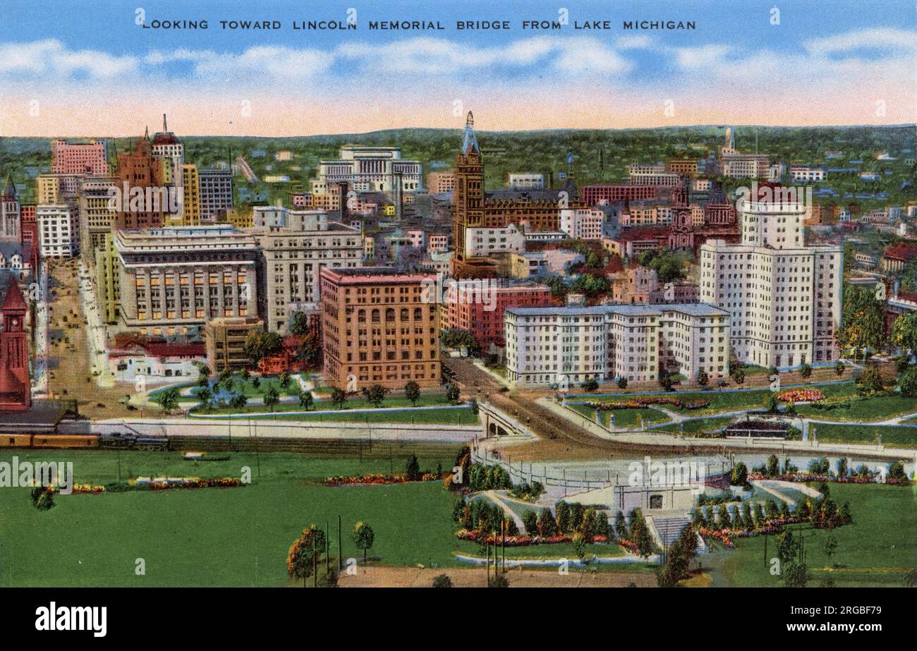 Aerial view of Milwaukee, Wisconsin, USA - looking toward Lincoln Memorial Bridge from Lake Michigan Stock Photo