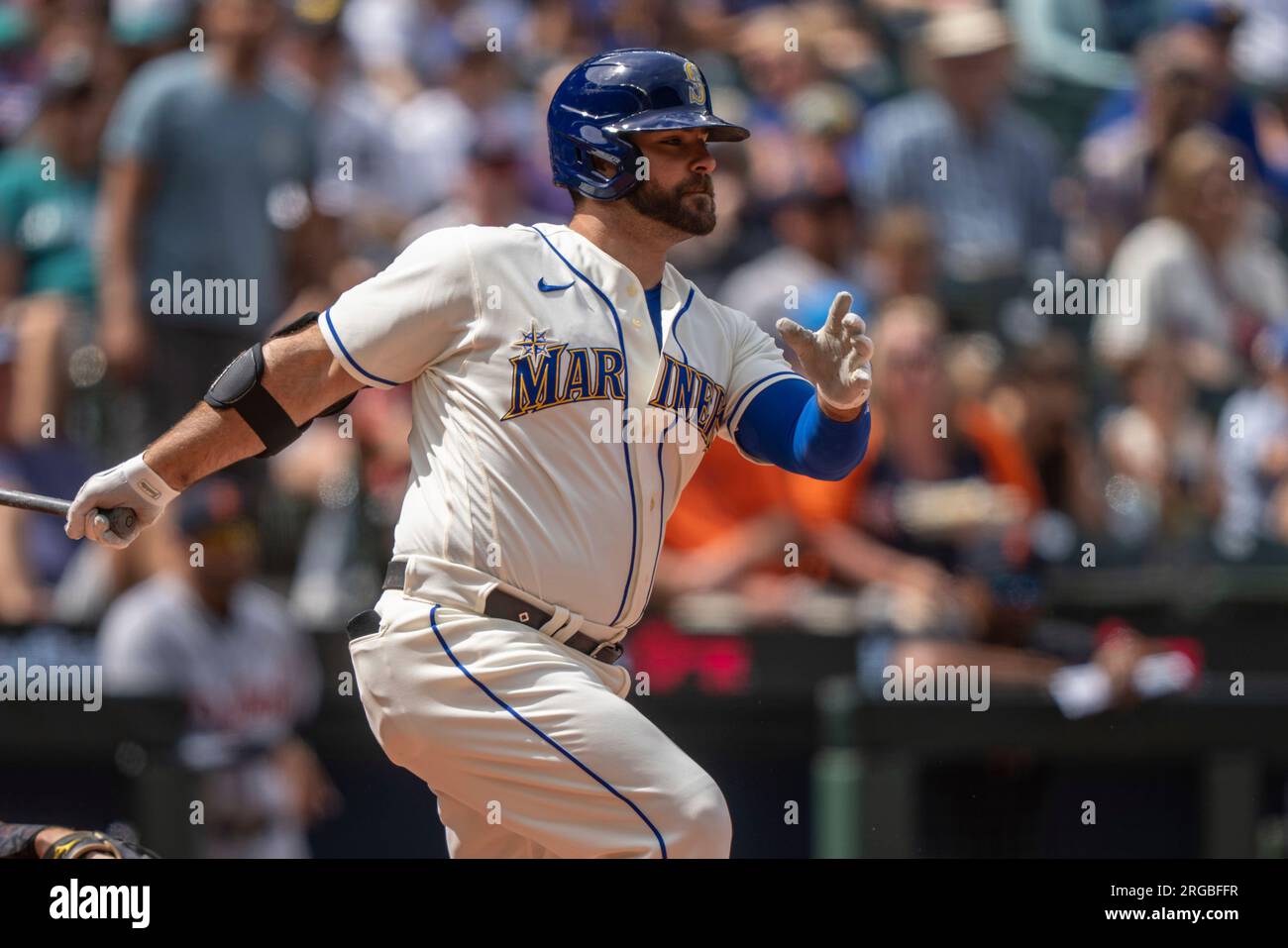 Seattle Mariners' Mike Ford takes a swing during an atbat in a