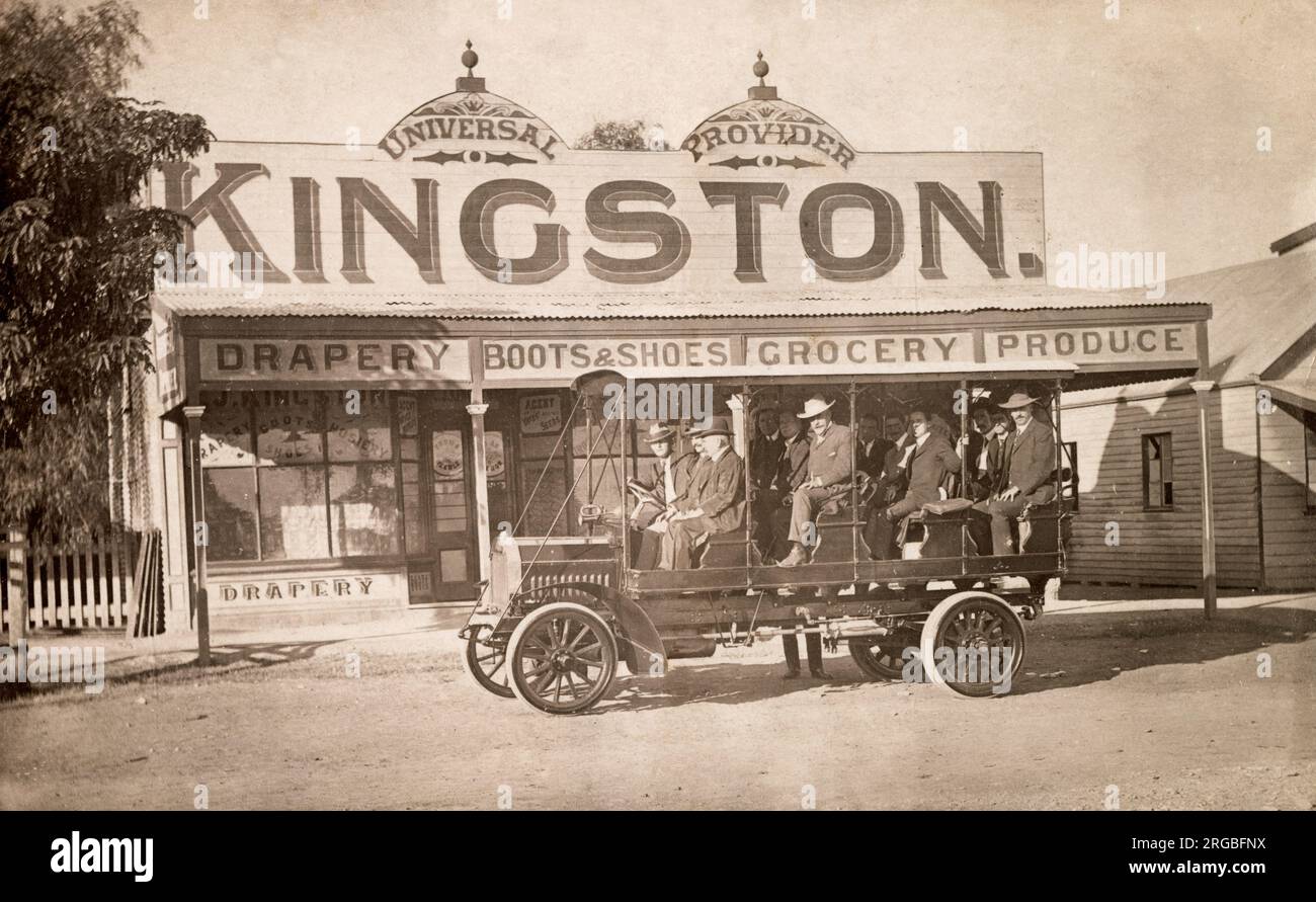 Kingston General store in Gordon Street, Aramac, Queensland, Australia. The vehicle is a charabanc which apparently ran between Aramac and Barcaldine. Stock Photo