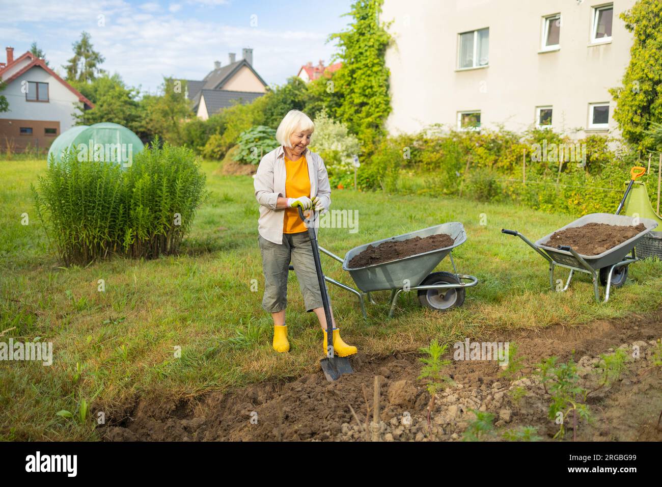 Worker digs the black soil with shovel in the vegetable garden, woman farmer loosens dirt in the farmland, agriculture and tough work concept Stock Photo