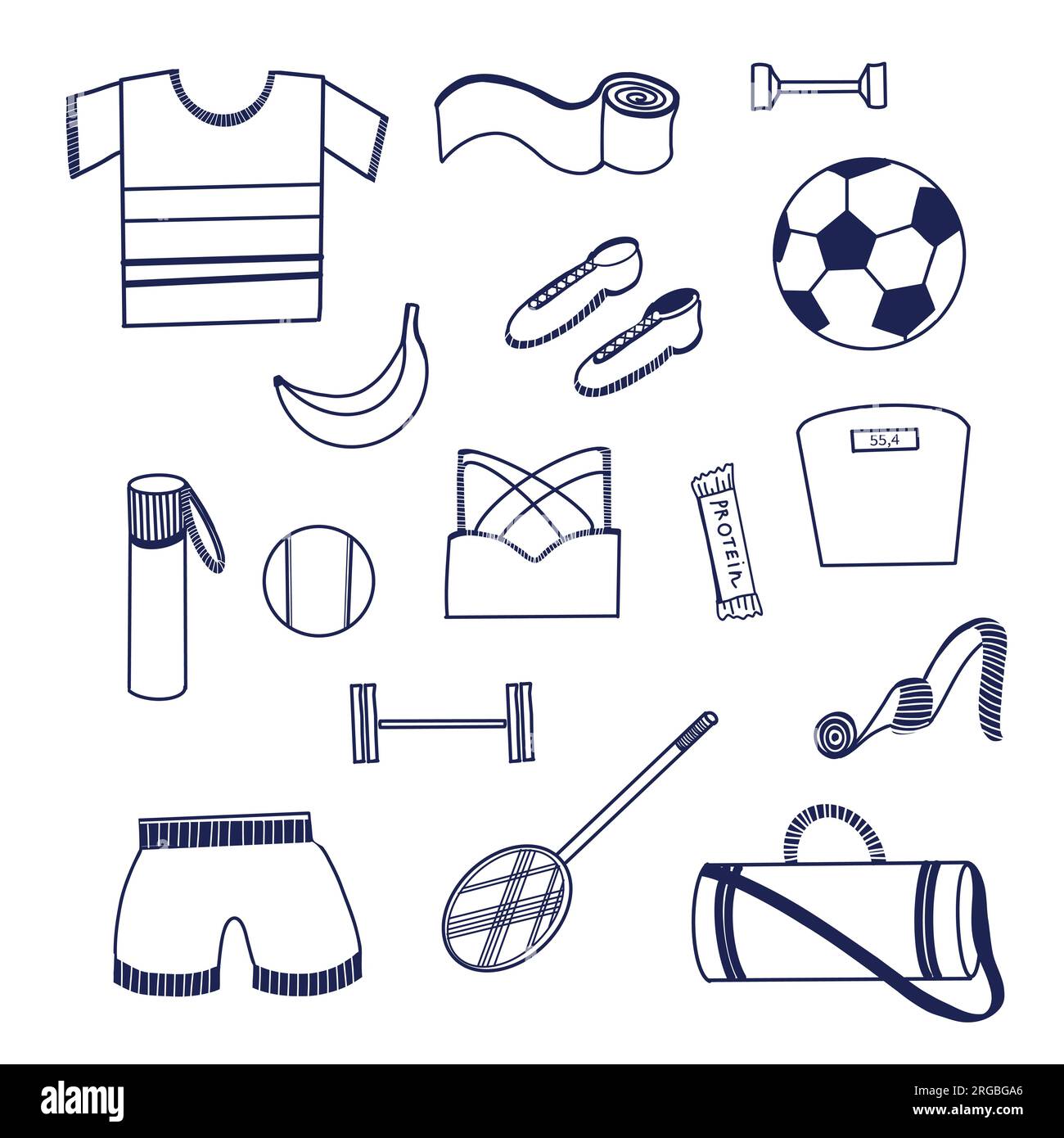 Set of illustrations. Sports equipment - tennis racket, bag, balls, jump rope, scales, water bottle, clothes, food drawn in vector on a tablet in dark Stock Vector